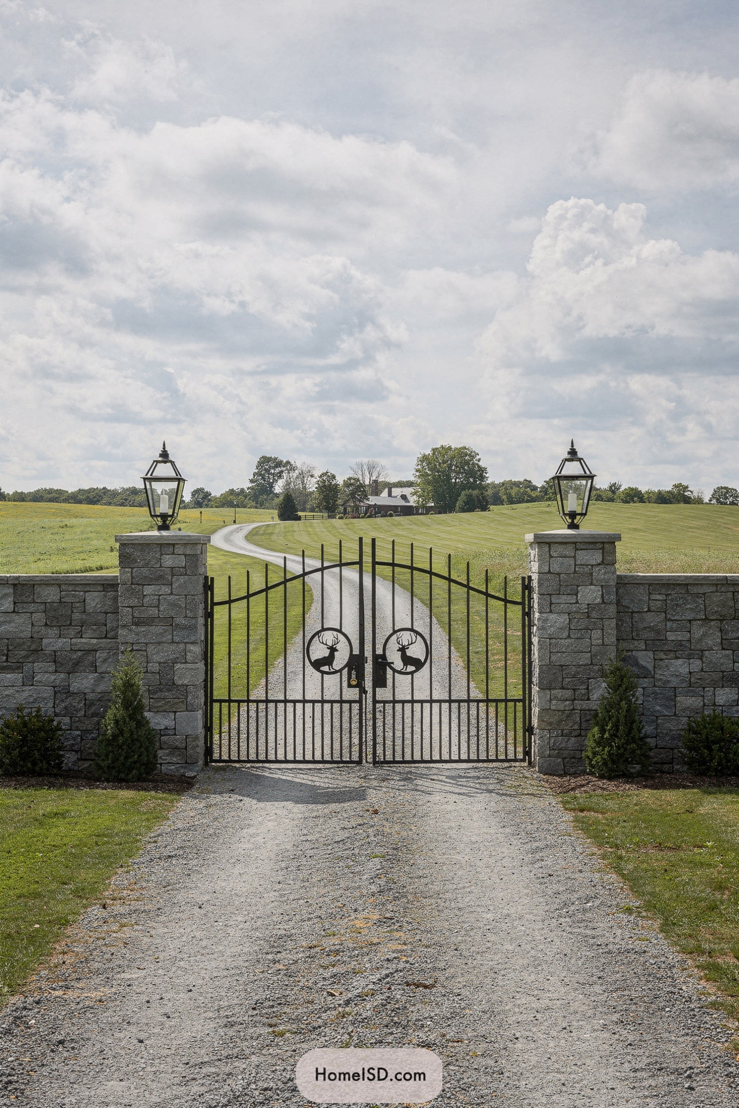 Black iron gate with deer emblems set between stone walls and lantern-topped pillars