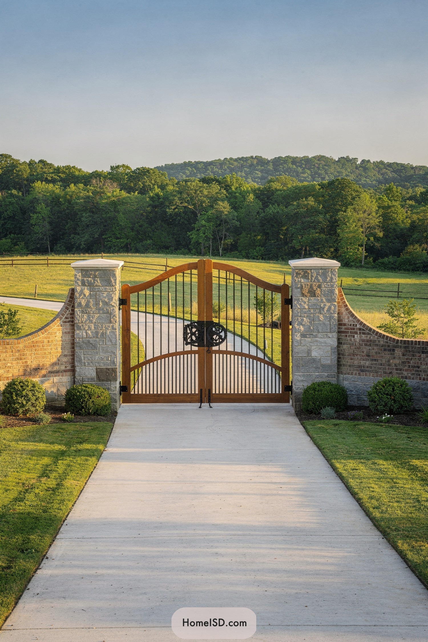 Arched wood and iron driveway farm gate between stone pillars