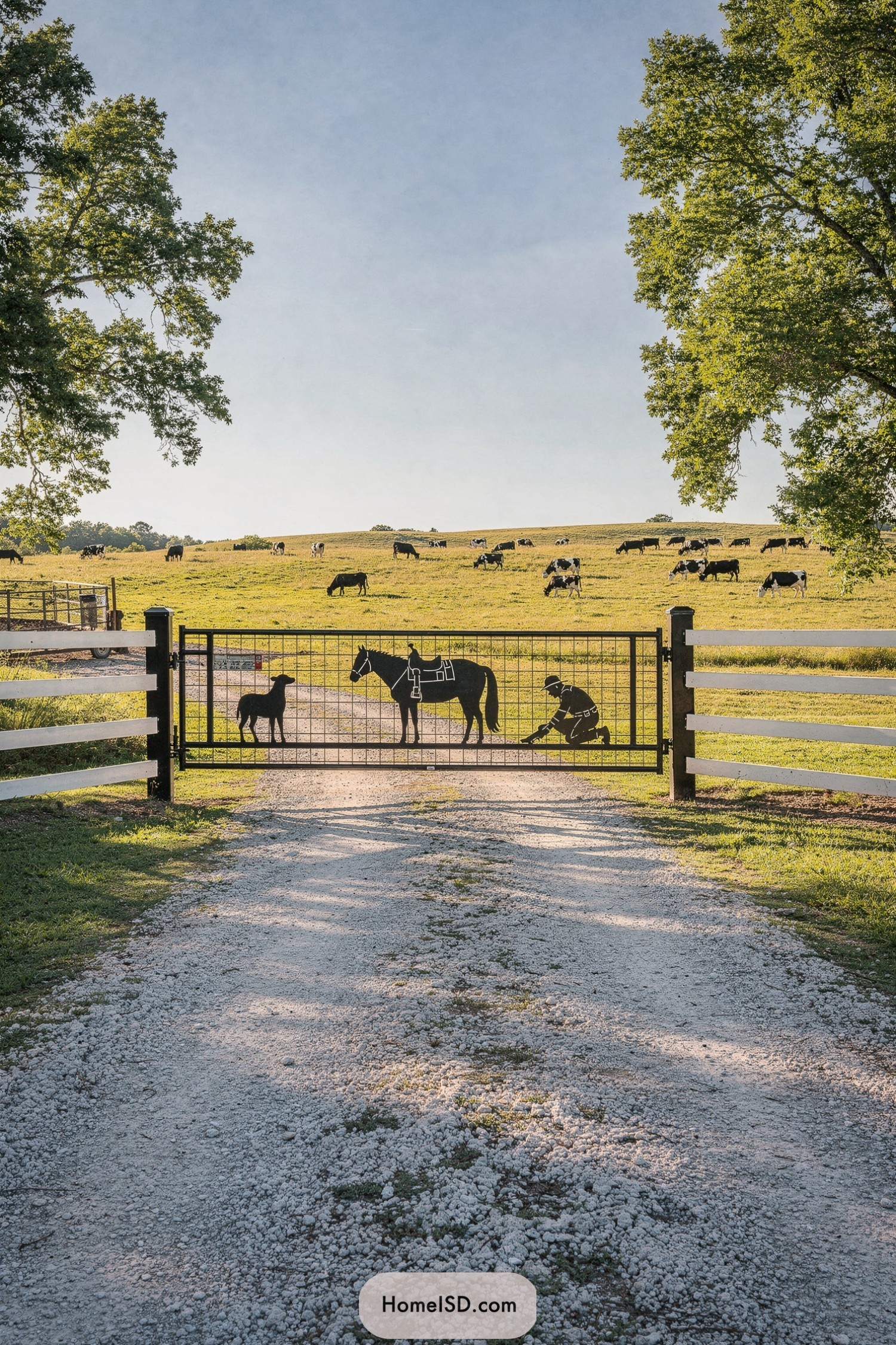 Metal farm gate with horse and farrier silhouettes