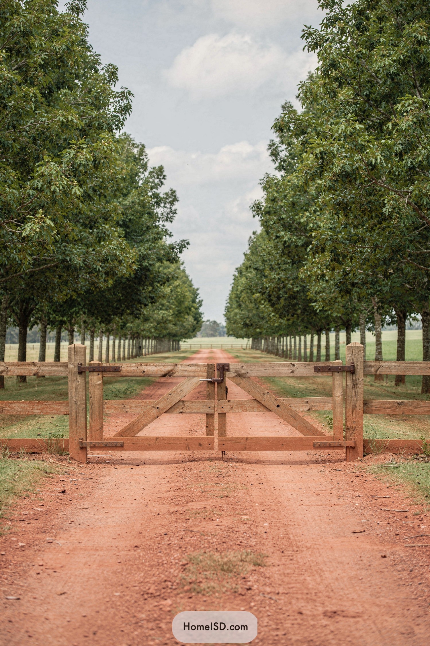 Wooden farm gate across a red dirt lane