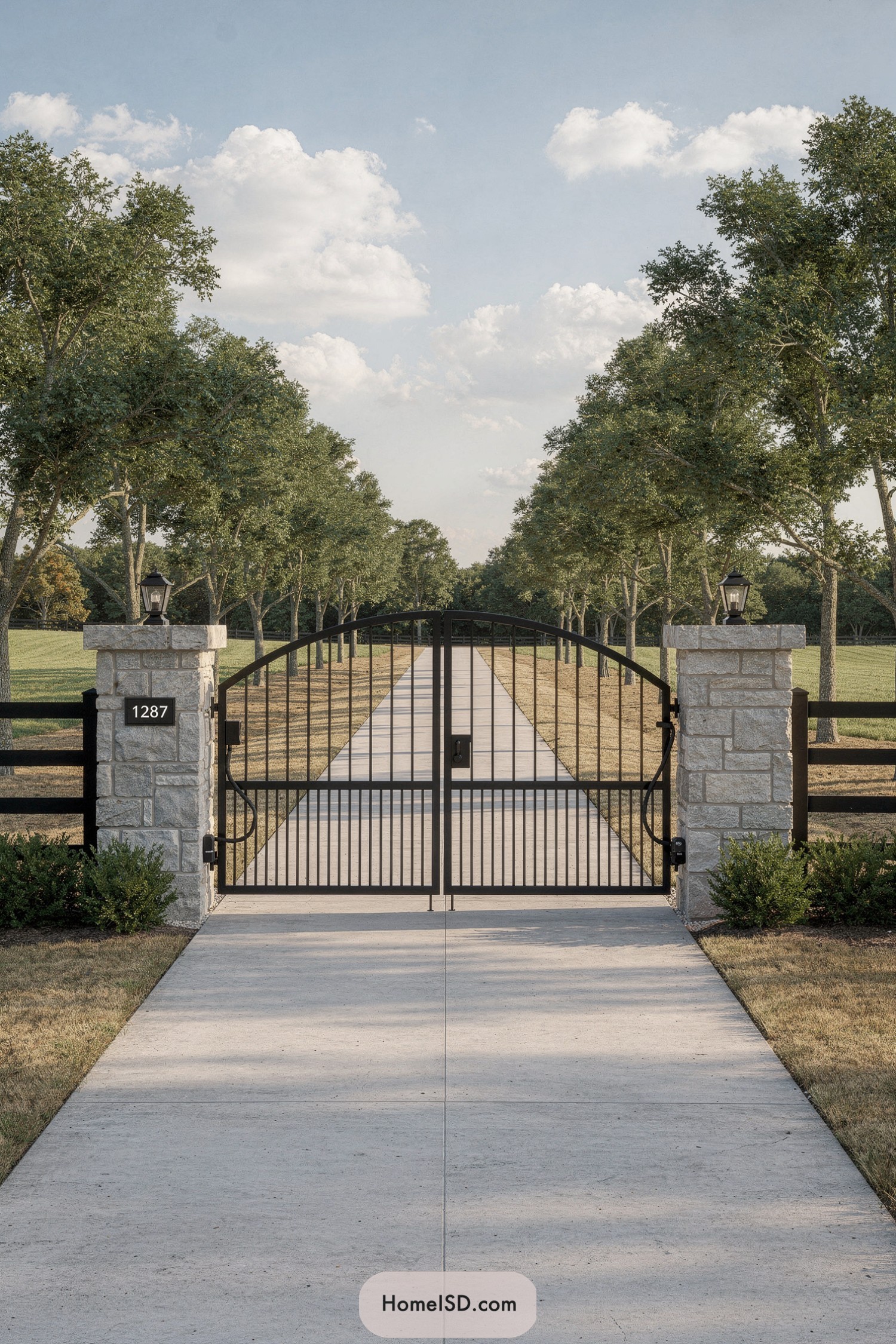 Black iron driveway gate between stone pillars