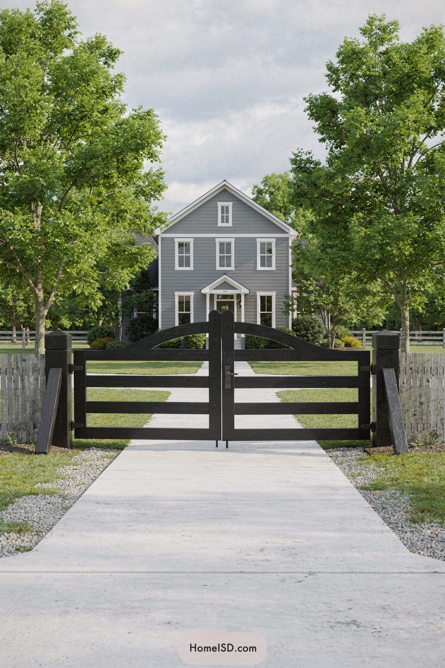 Black arched wooden farm gate across concrete driveway