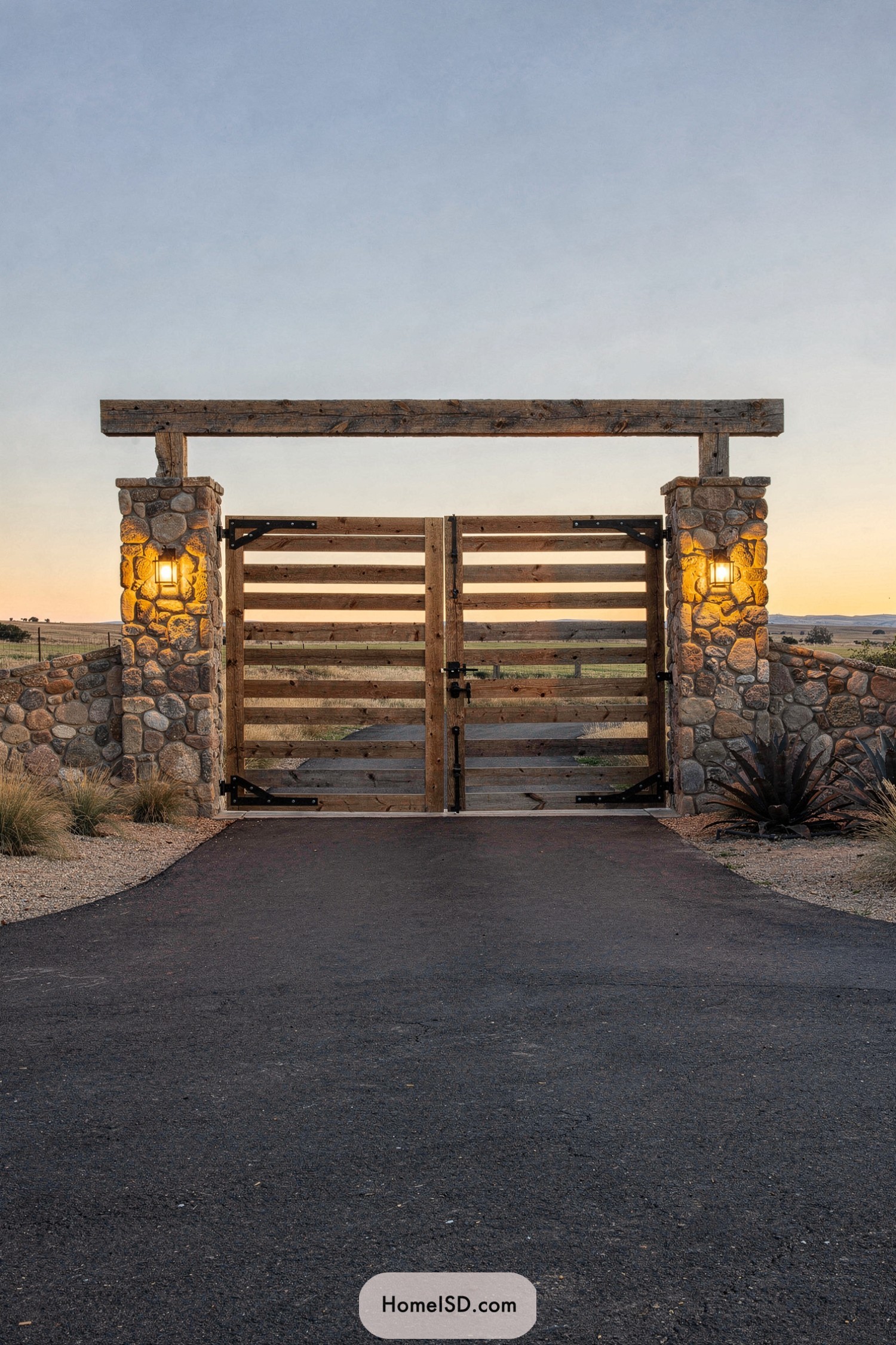 Wooden ranch gate with stone pillars at dusk