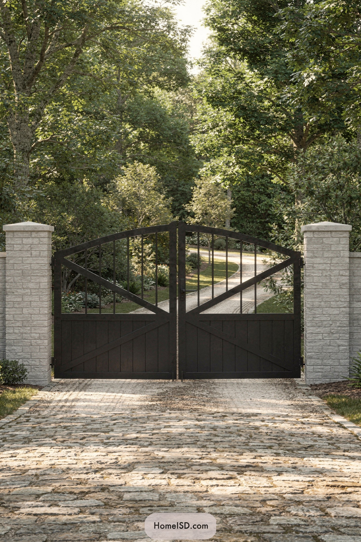 Black metal farm gate between stone pillars on wooded driveway