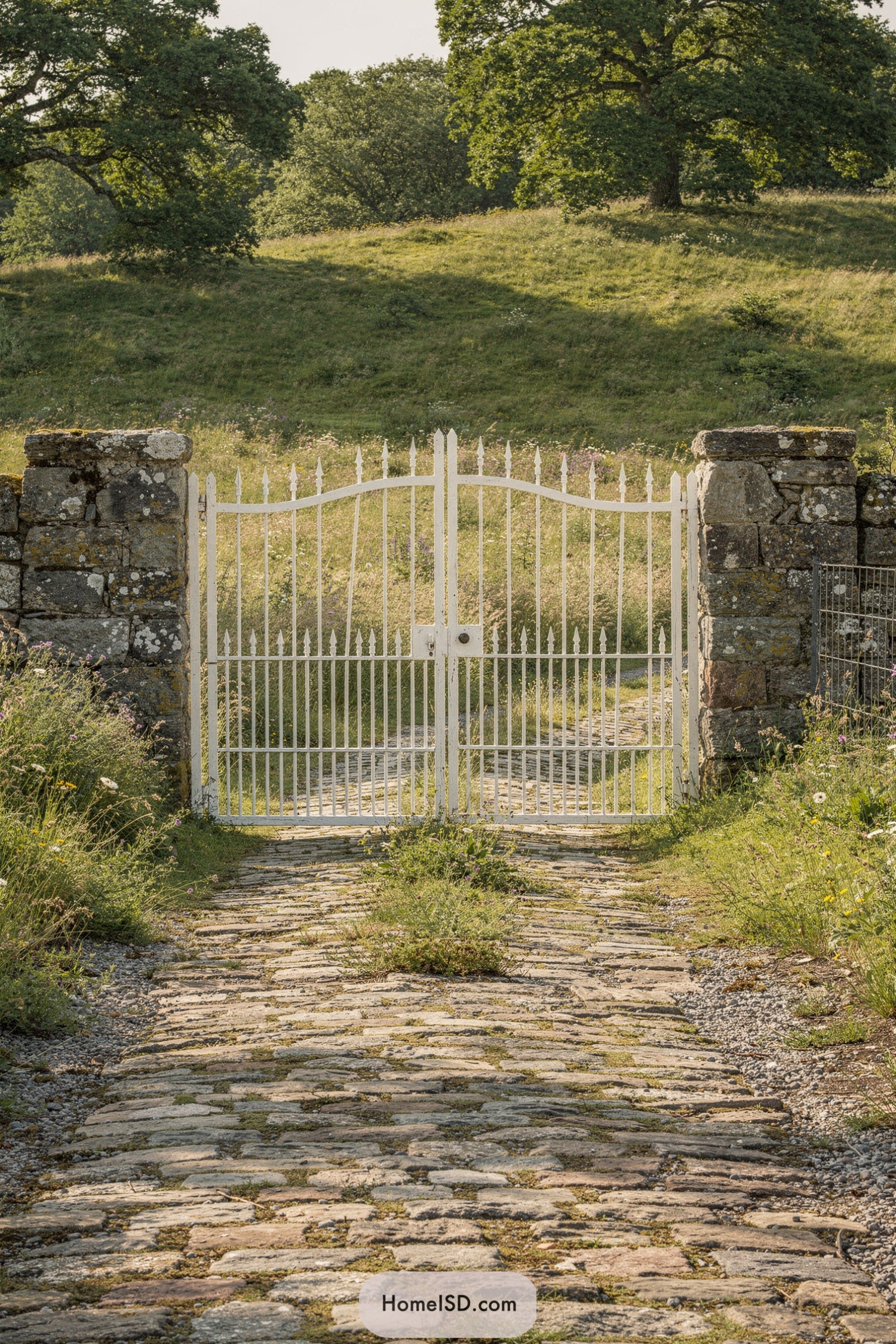 White metal farm gate between stone pillars
