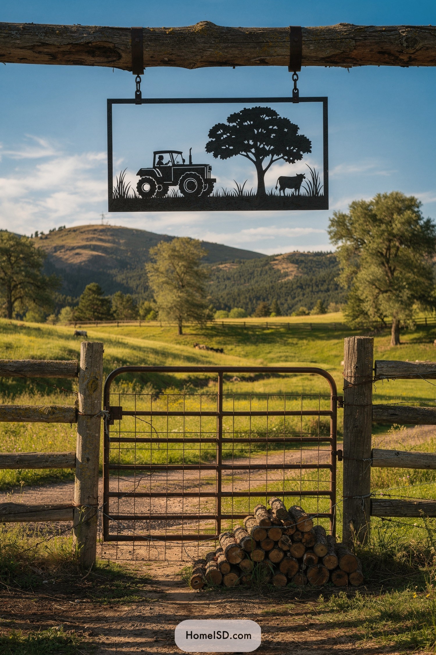 Metal farm gate sign with tractor silhouette