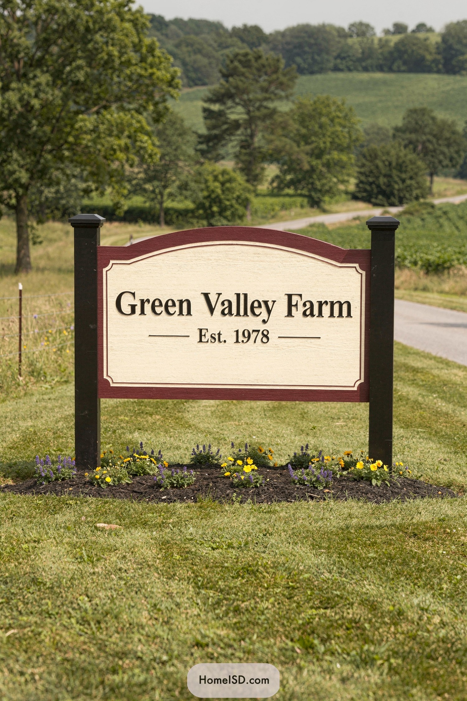Arched farm entrance sign on posts