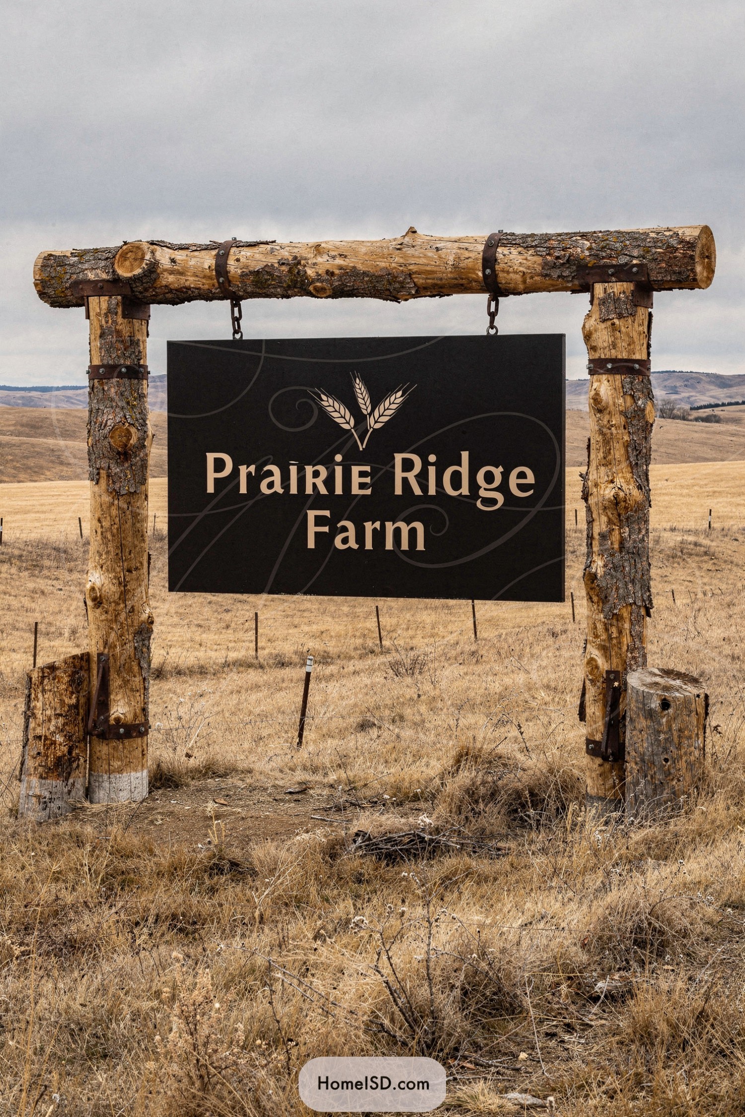 Rustic log-framed Prairie Ridge Farm sign hanging in an open grassland field