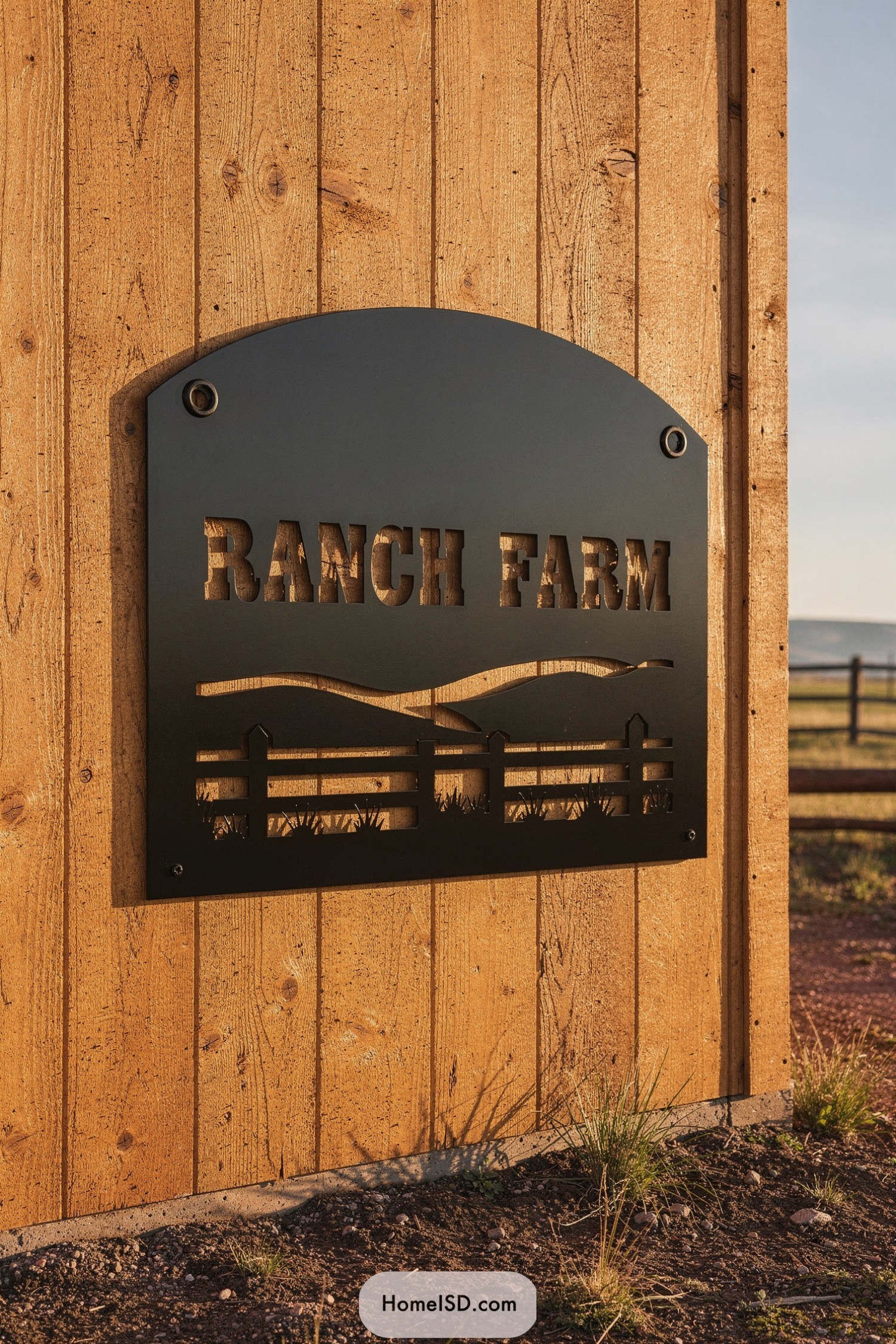 Black metal ranch farm sign mounted on a wooden exterior wall