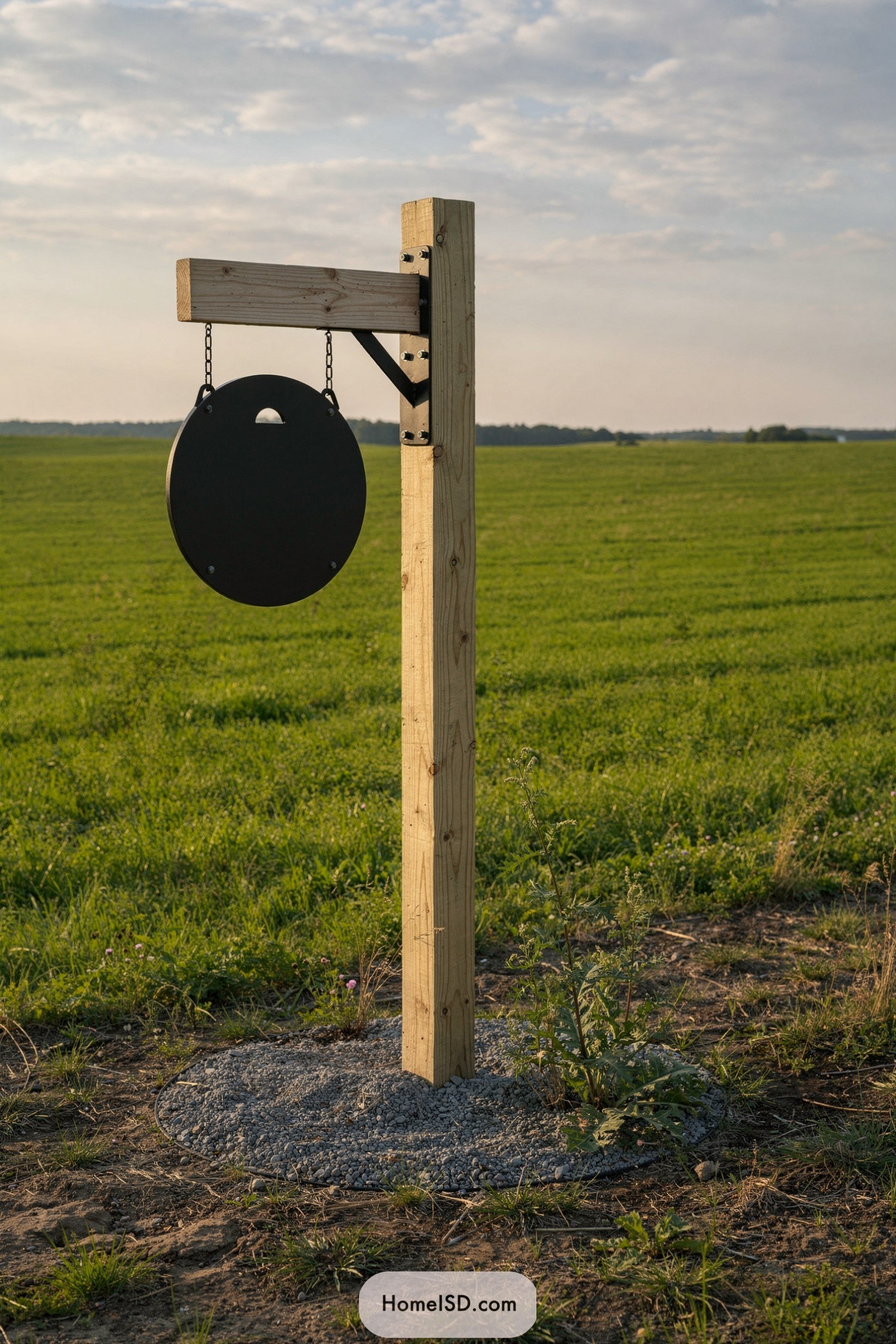 Wooden post with suspended round black sign