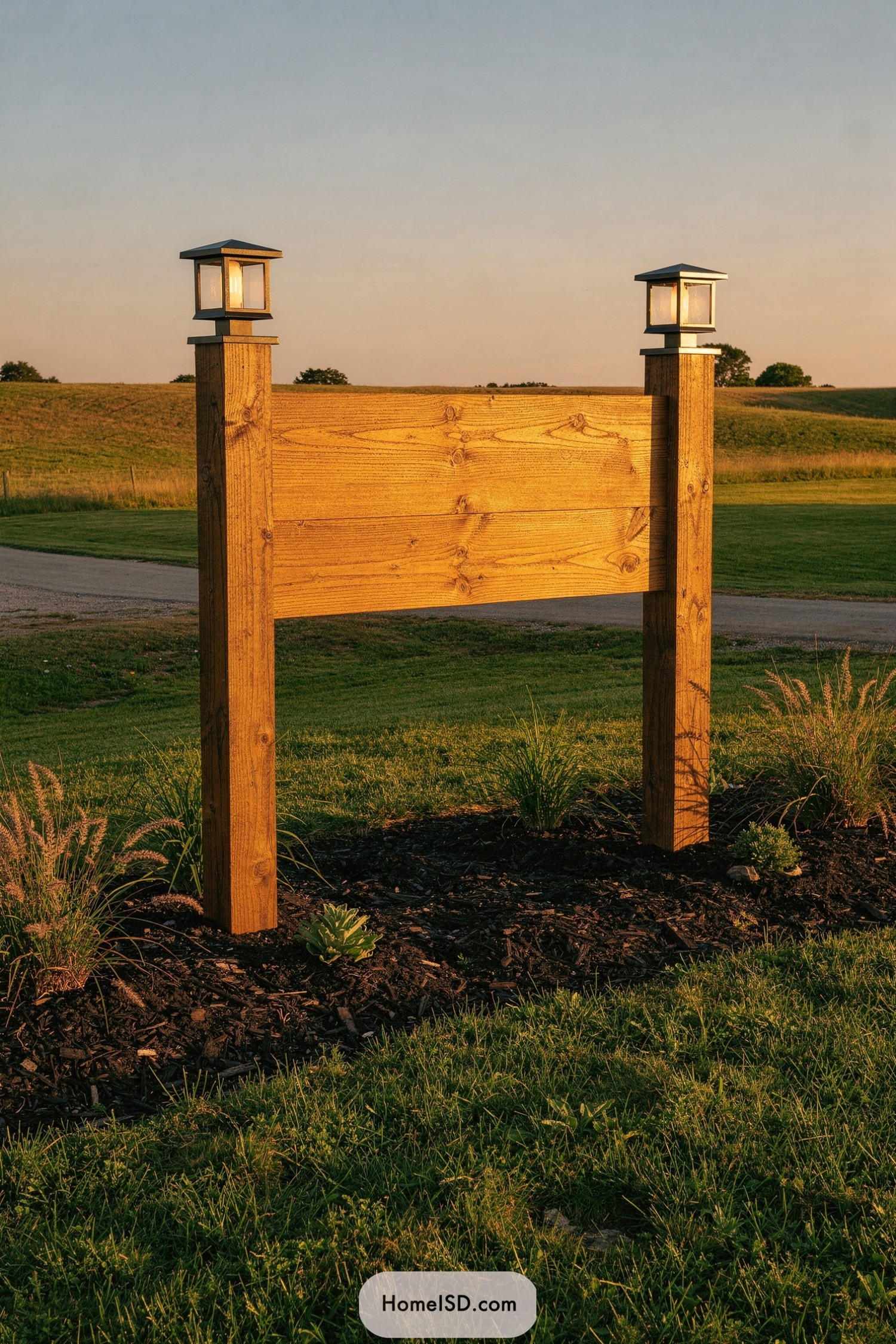 Wooden farm sign with lantern posts at sunset