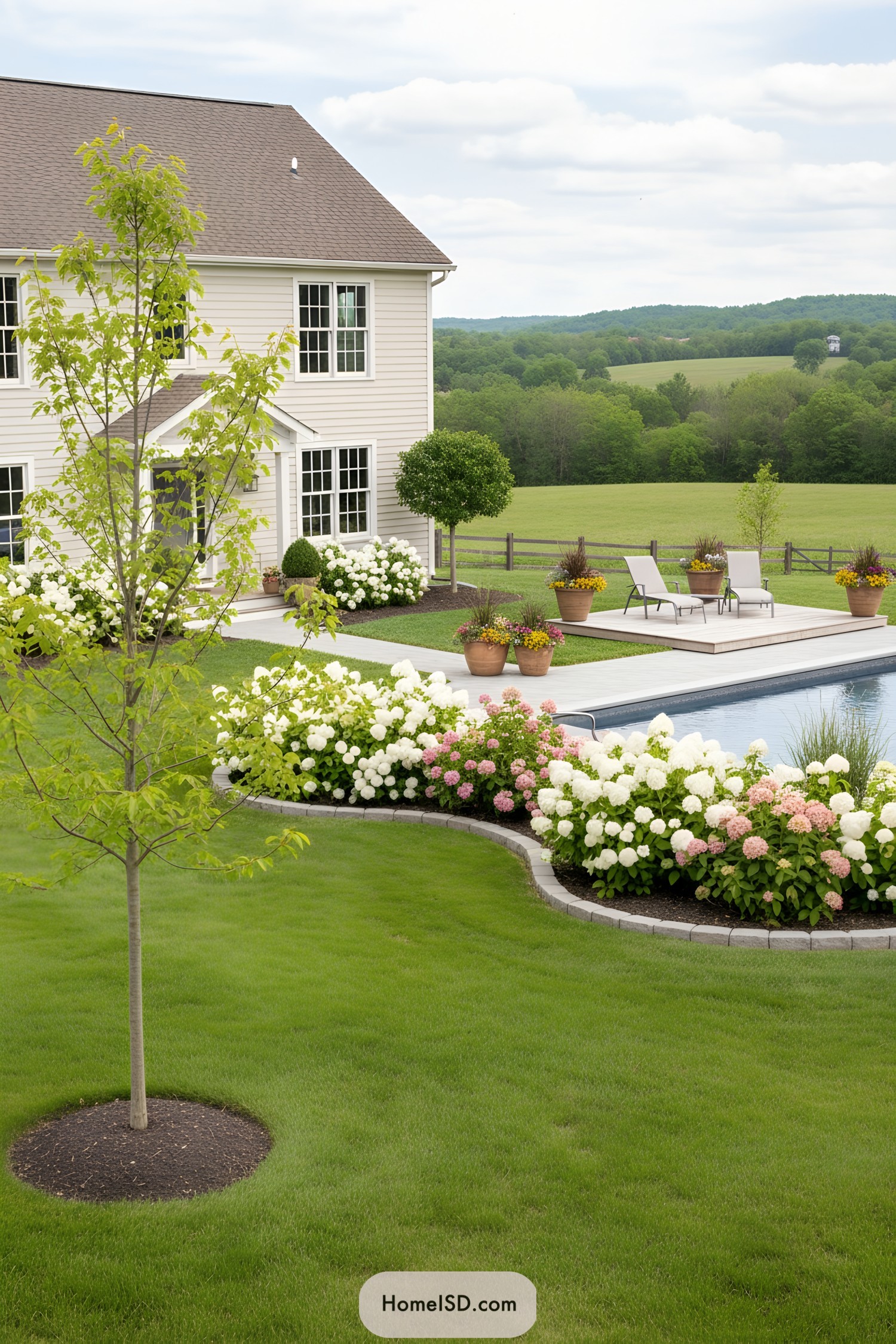 Farmhouse yard with pool patio and hydrangea beds