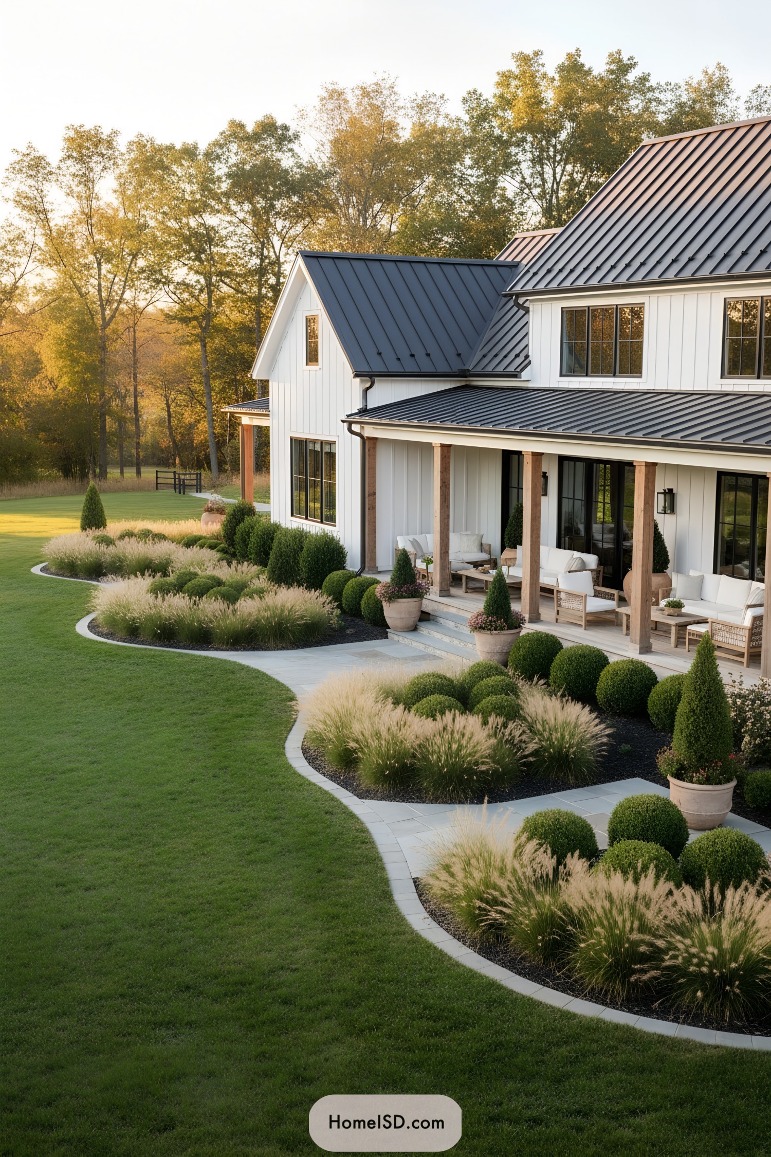 Modern white farmhouse with curved grass border and manicured shrubs