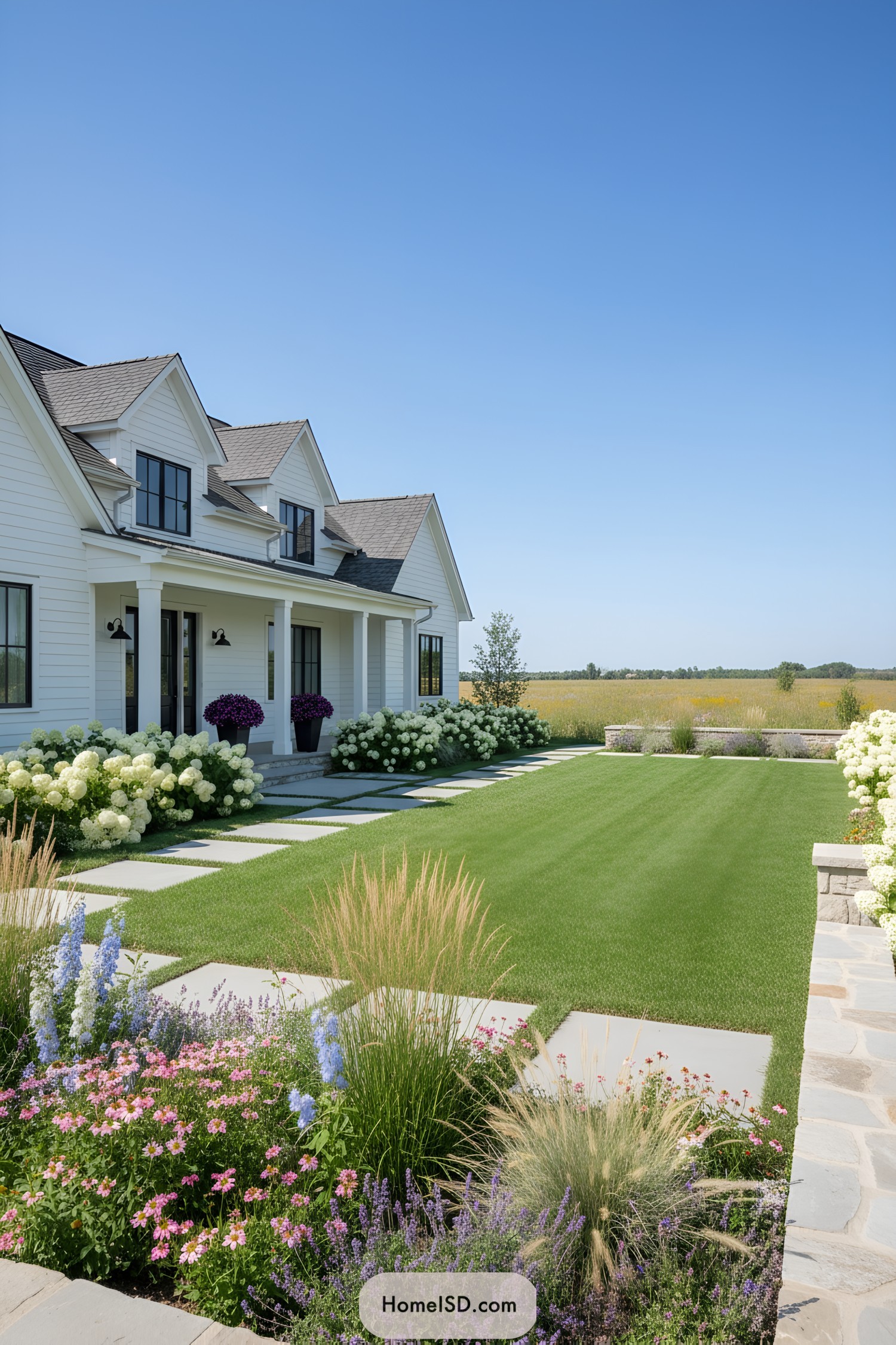 White farmhouse with stepping-stone walkway and lush flowering borders