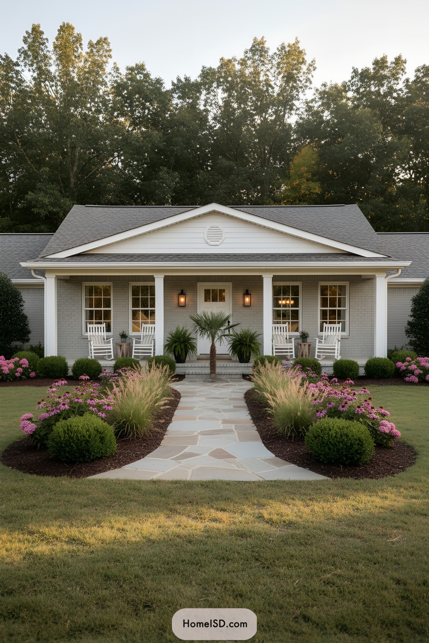 Farmhouse porch with flagstone walkway and pink flower beds