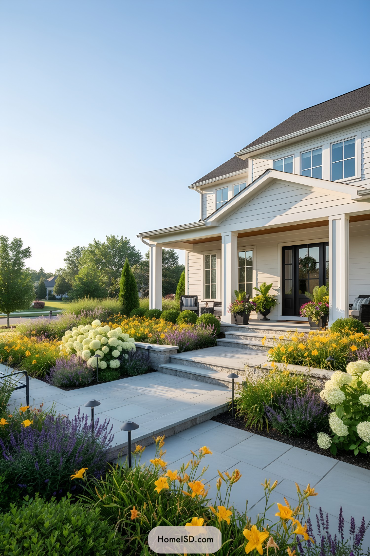 Front farmhouse entry with layered flower beds