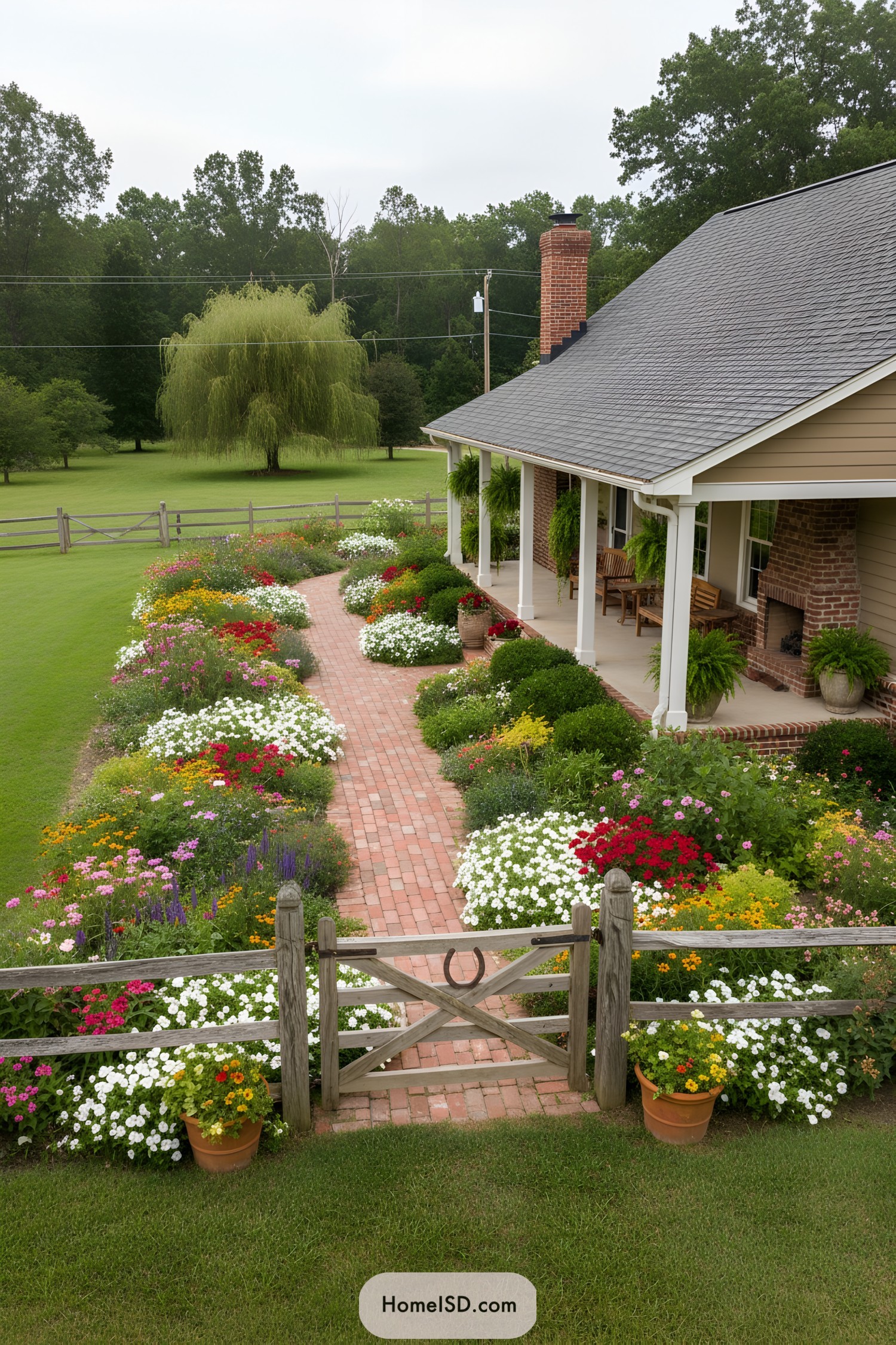 Brick farmhouse walkway bordered by colorful flowers