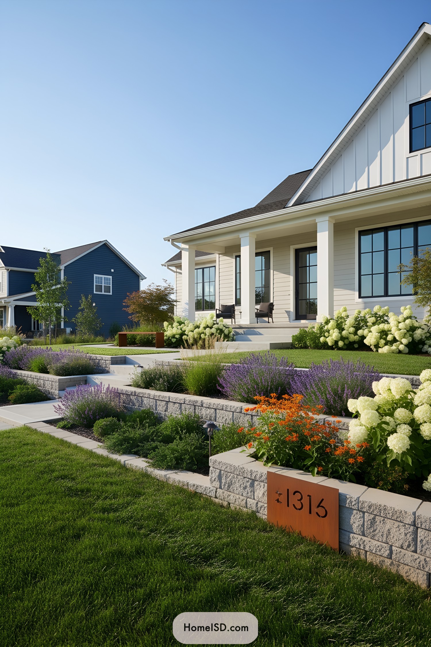 White farmhouse with terraced flower beds and lawn