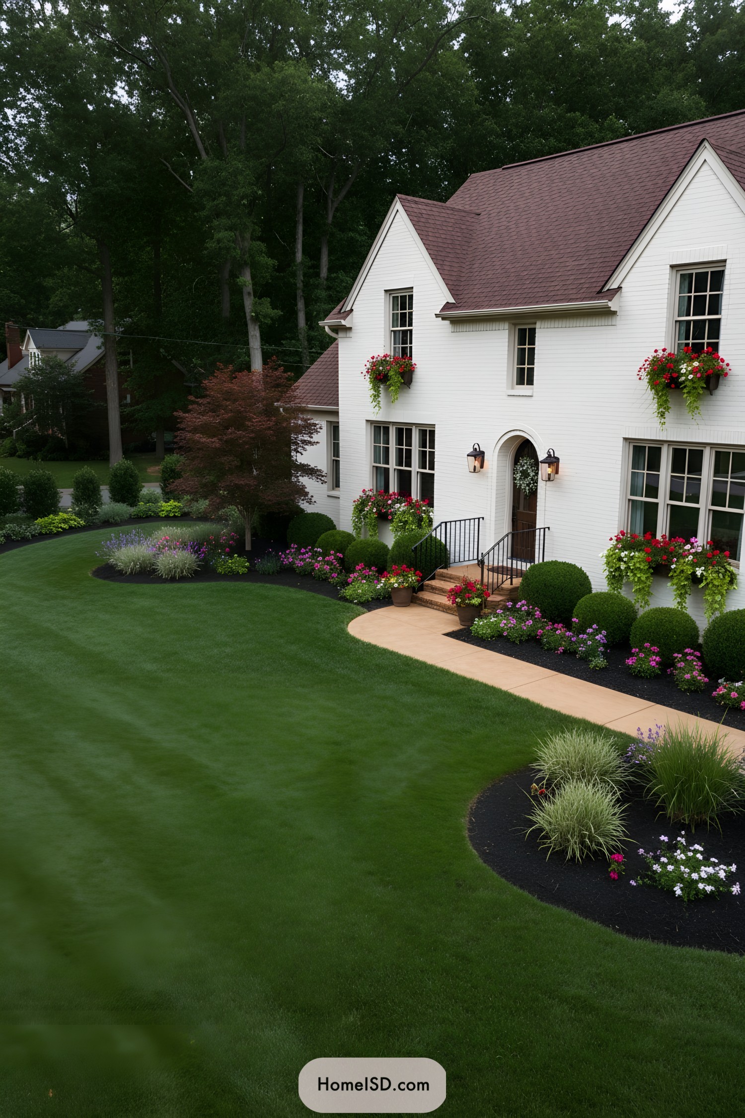 Neatly edged farmhouse front yard with sweeping lawn, curved planting beds, and colorful flower-filled window boxes on a white brick house