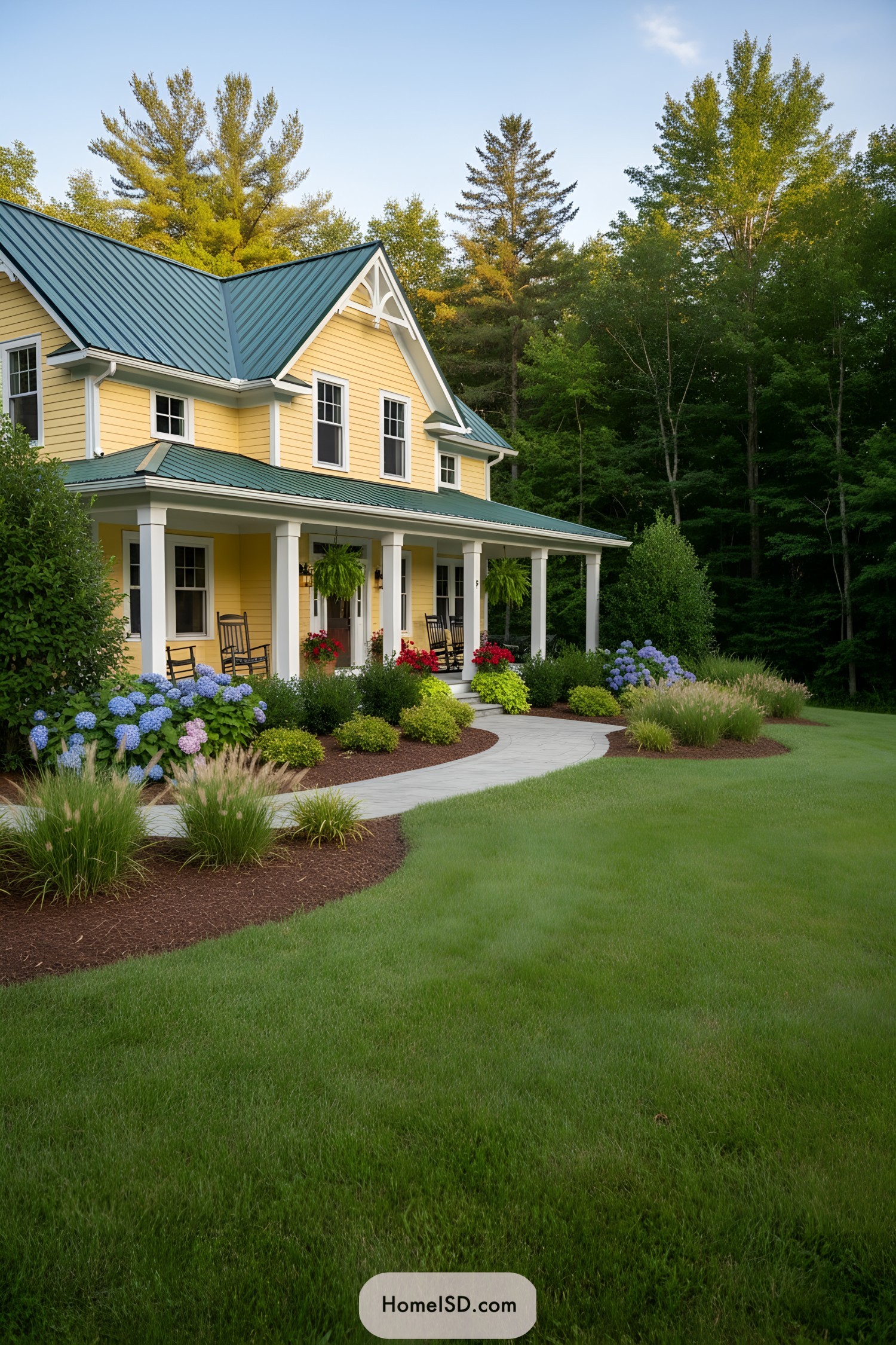 Yellow farmhouse with curved flower-lined walkway