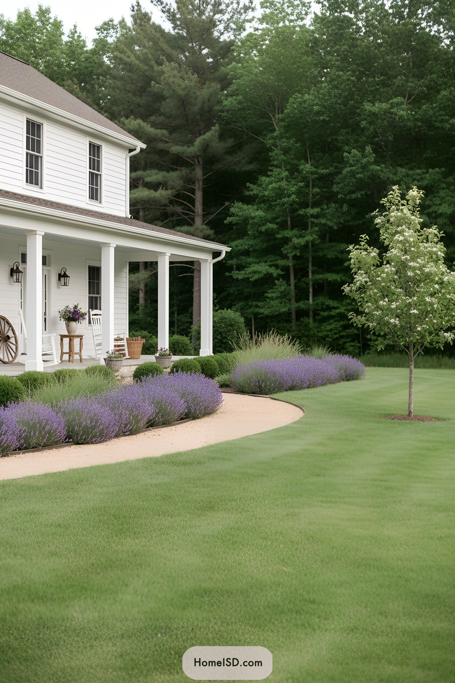 Farmhouse porch with lavender-lined gravel path