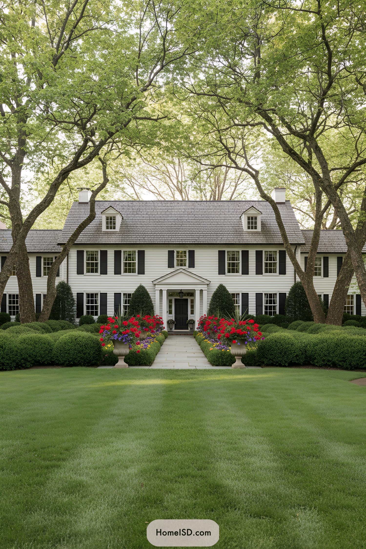 Wide lawn and stone path leading to a white farmhouse framed by boxwood shrubs, tall trees, and colorful flower urns at the entry