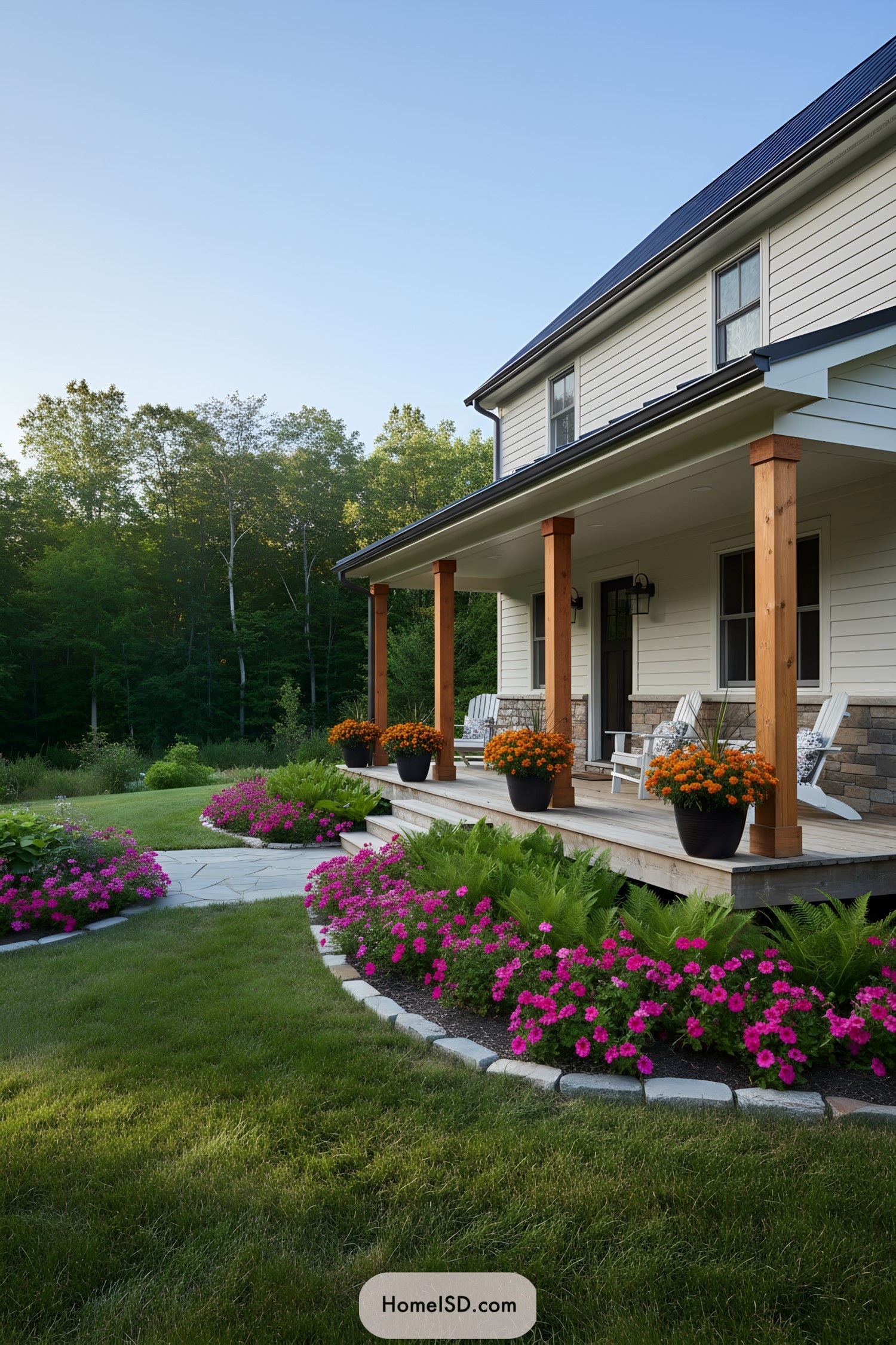 Farmhouse porch with flower-lined stone path