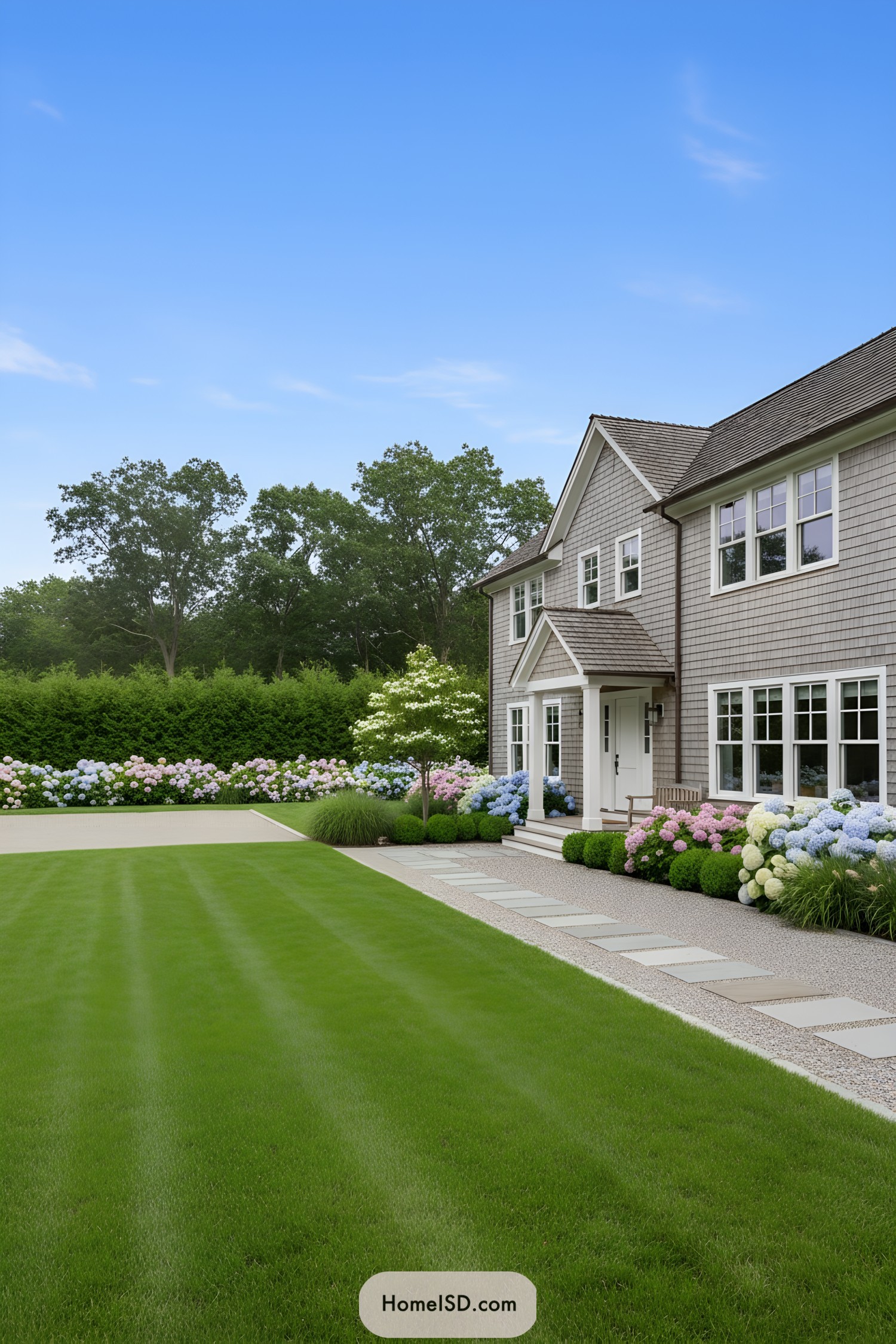 Farmhouse front yard with wide lawn, stepping-stone path, and pastel hydrangea borders