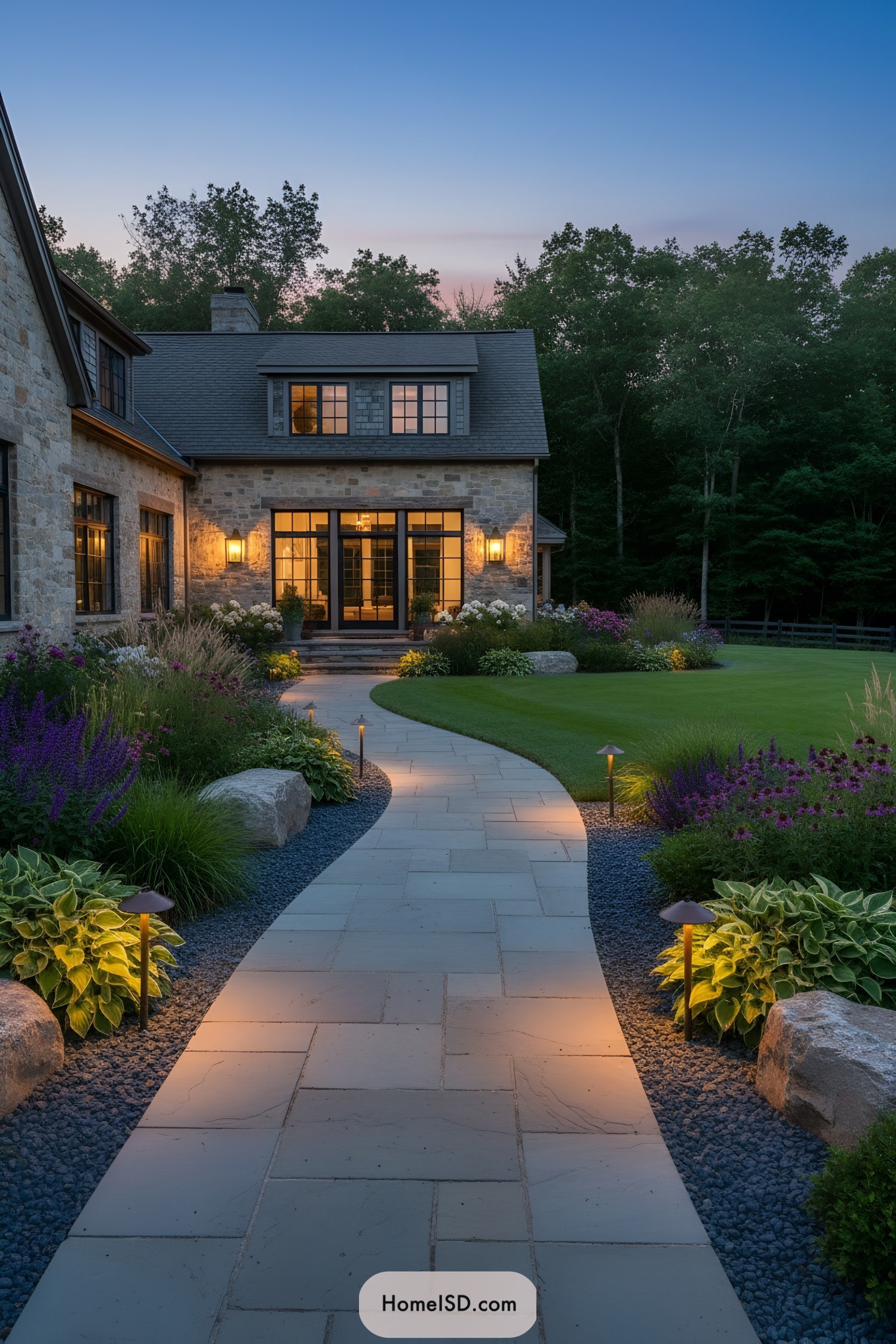 Curved stone walkway with warm path lighting winding through lush garden beds to a stone farmhouse at dusk