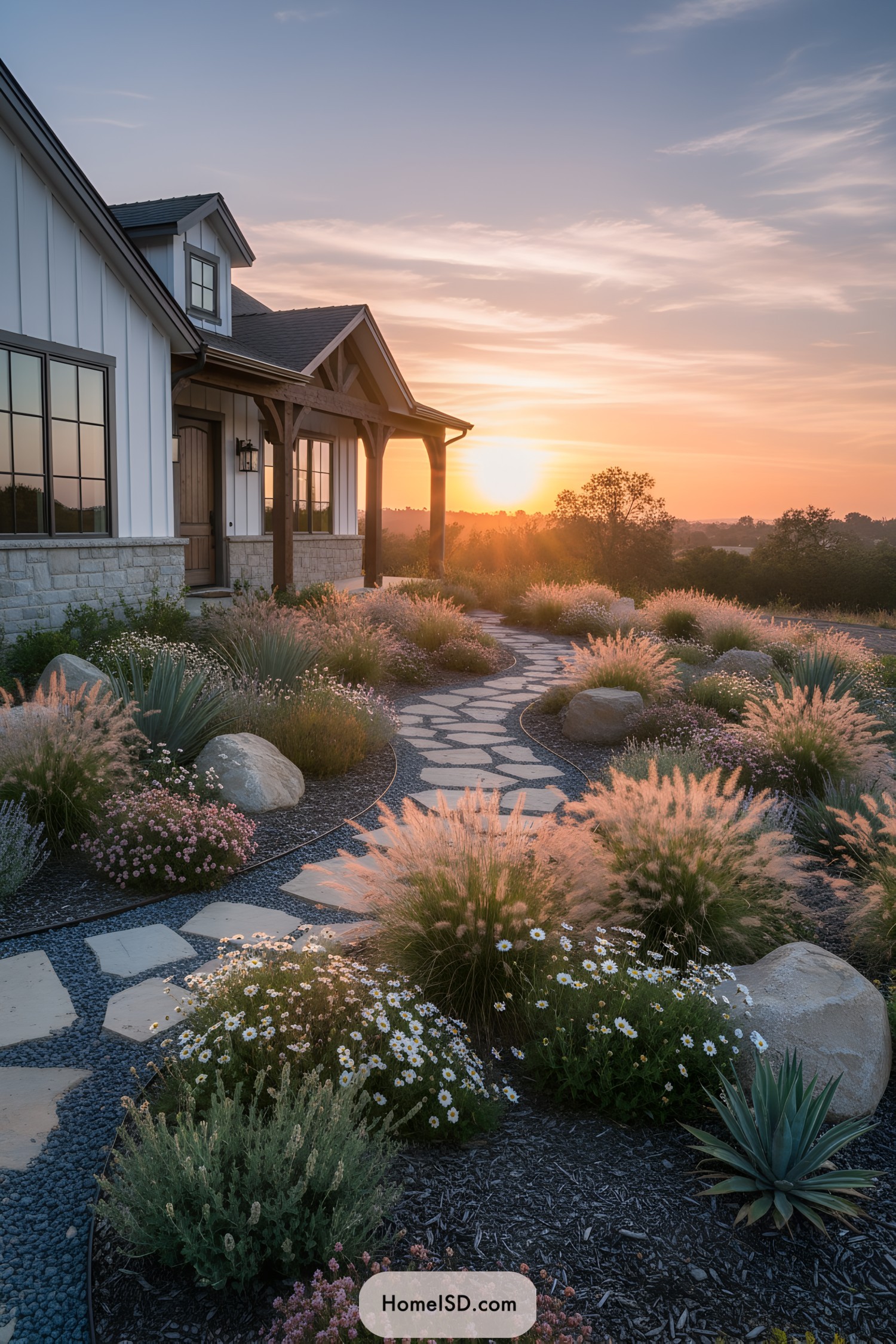 Curving stone path through airy grasses leading to a modern farmhouse at sunset