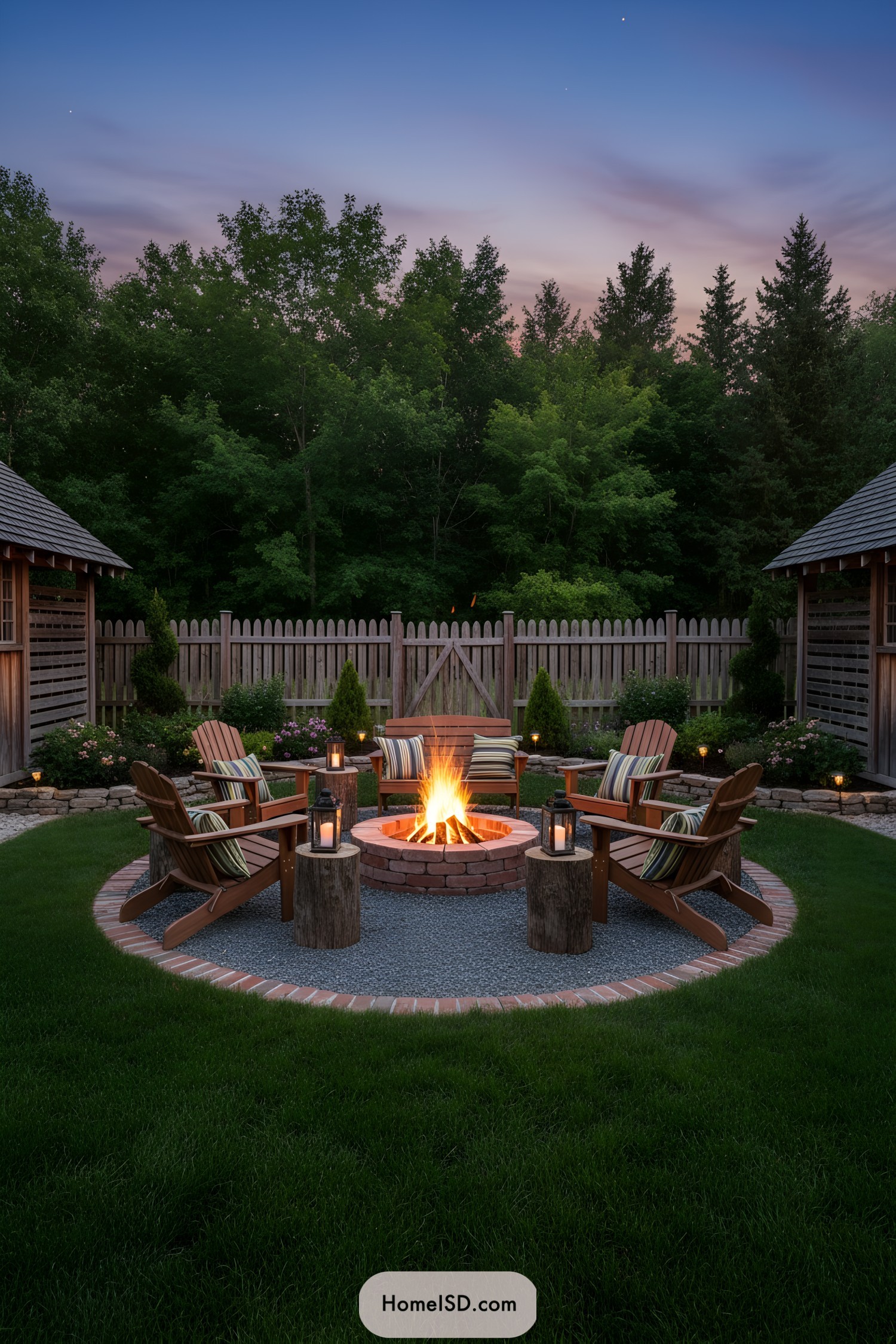 Circular backyard fire pit with Adirondack chairs around a brick ring at dusk