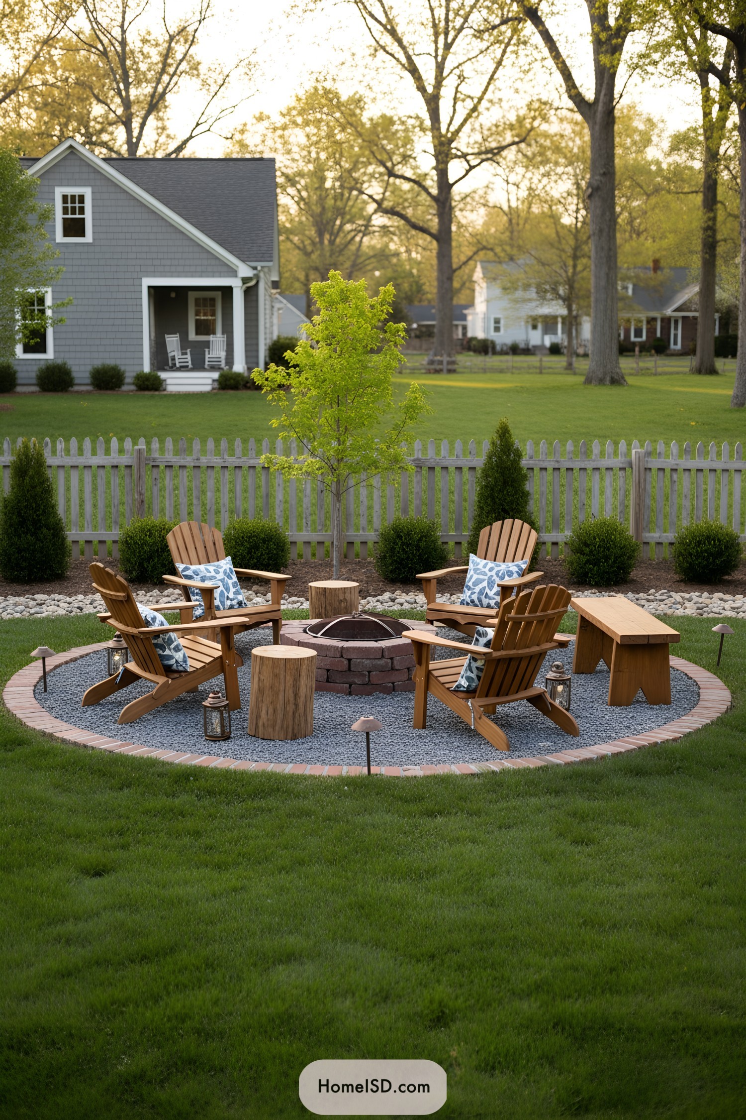 Cozy circular backyard fire pit with wood chairs