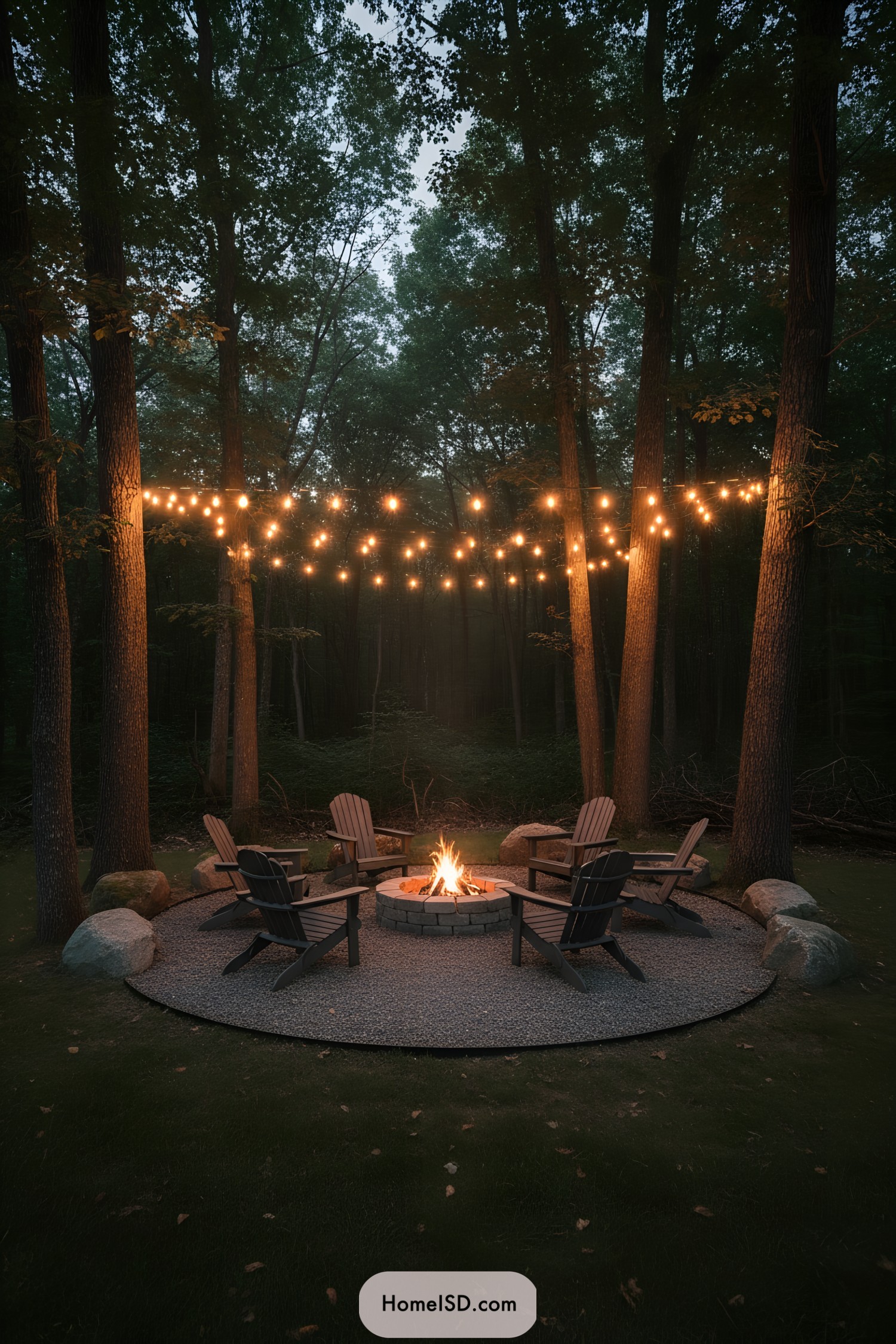 Cozy woodland fire pit with string lights