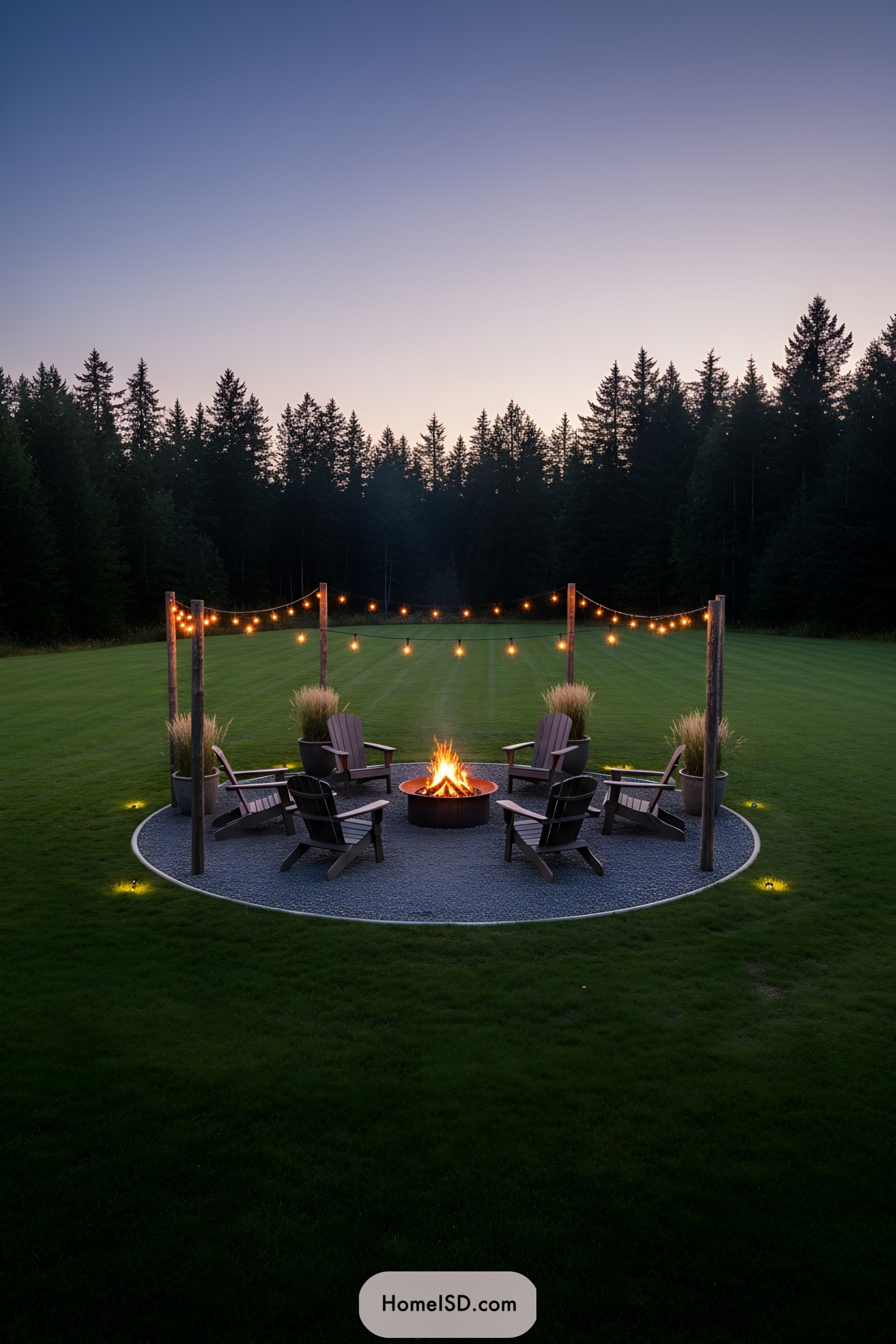 Circular backyard fire pit with Adirondack chairs and string lights