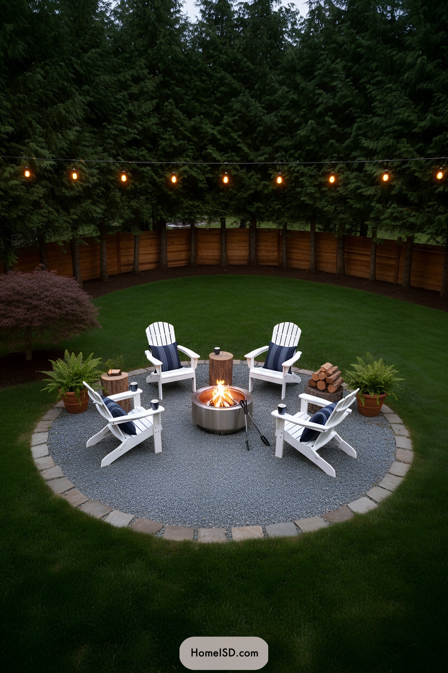 Circular gravel fire pit area with white Adirondack chairs and string lights overhead
