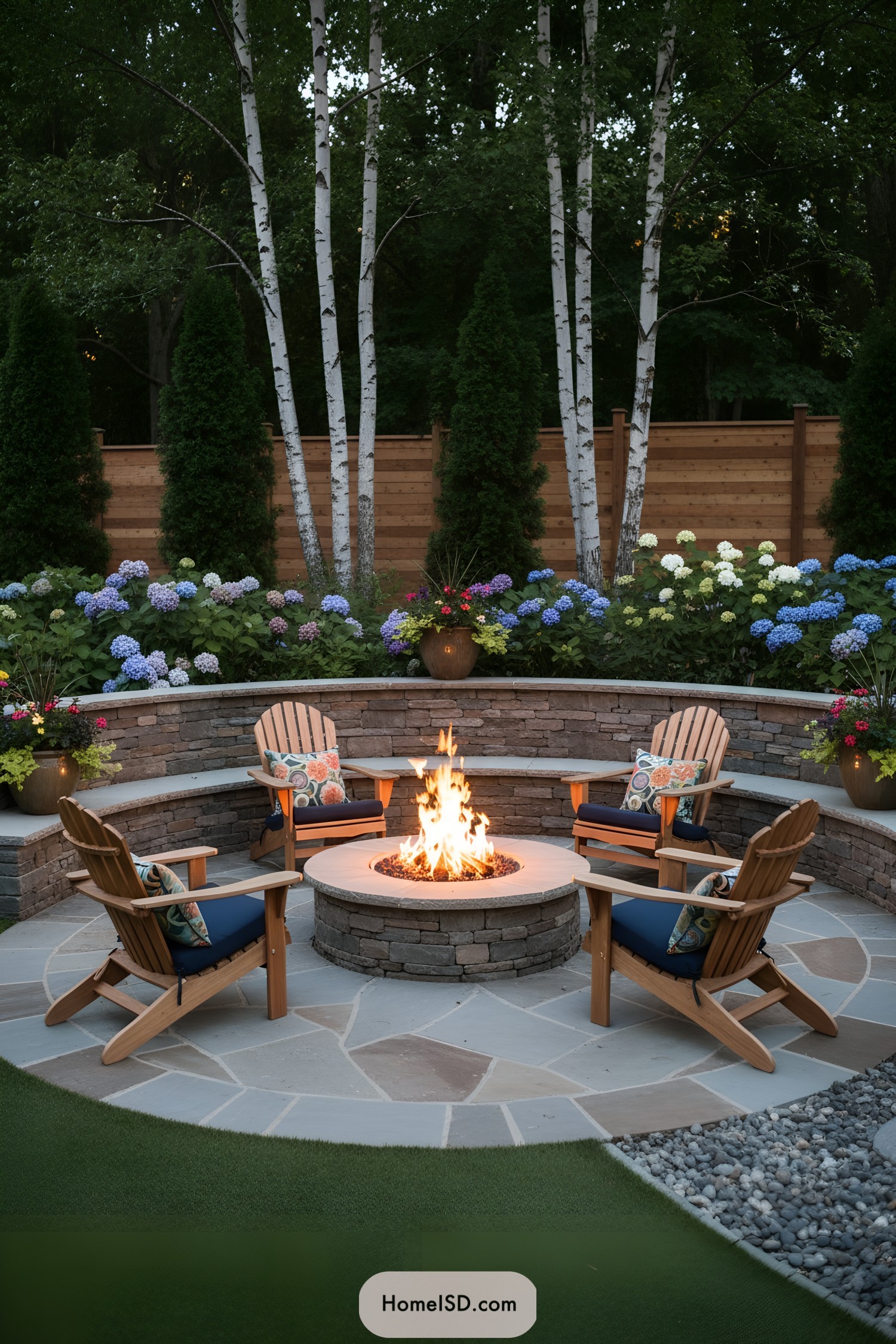 Circular stone fire pit with Adirondack chairs in a lush tiered backyard
