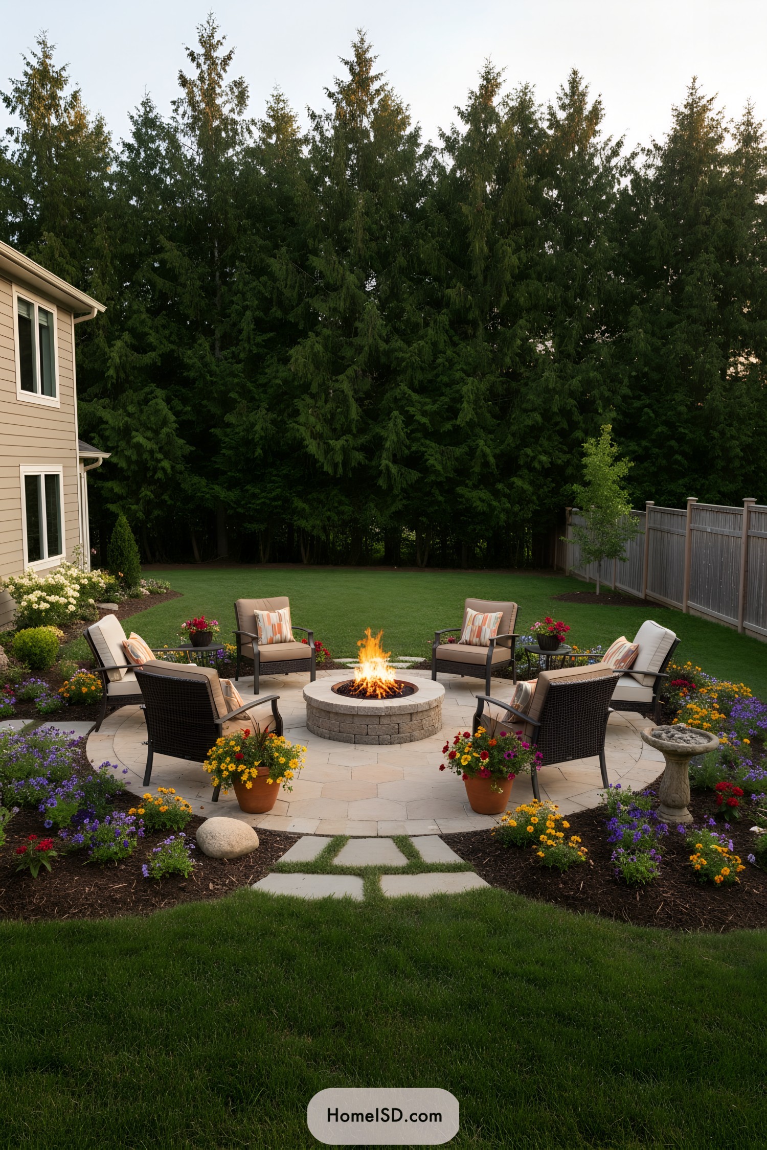 Circular backyard patio with central fire pit and surrounding chairs