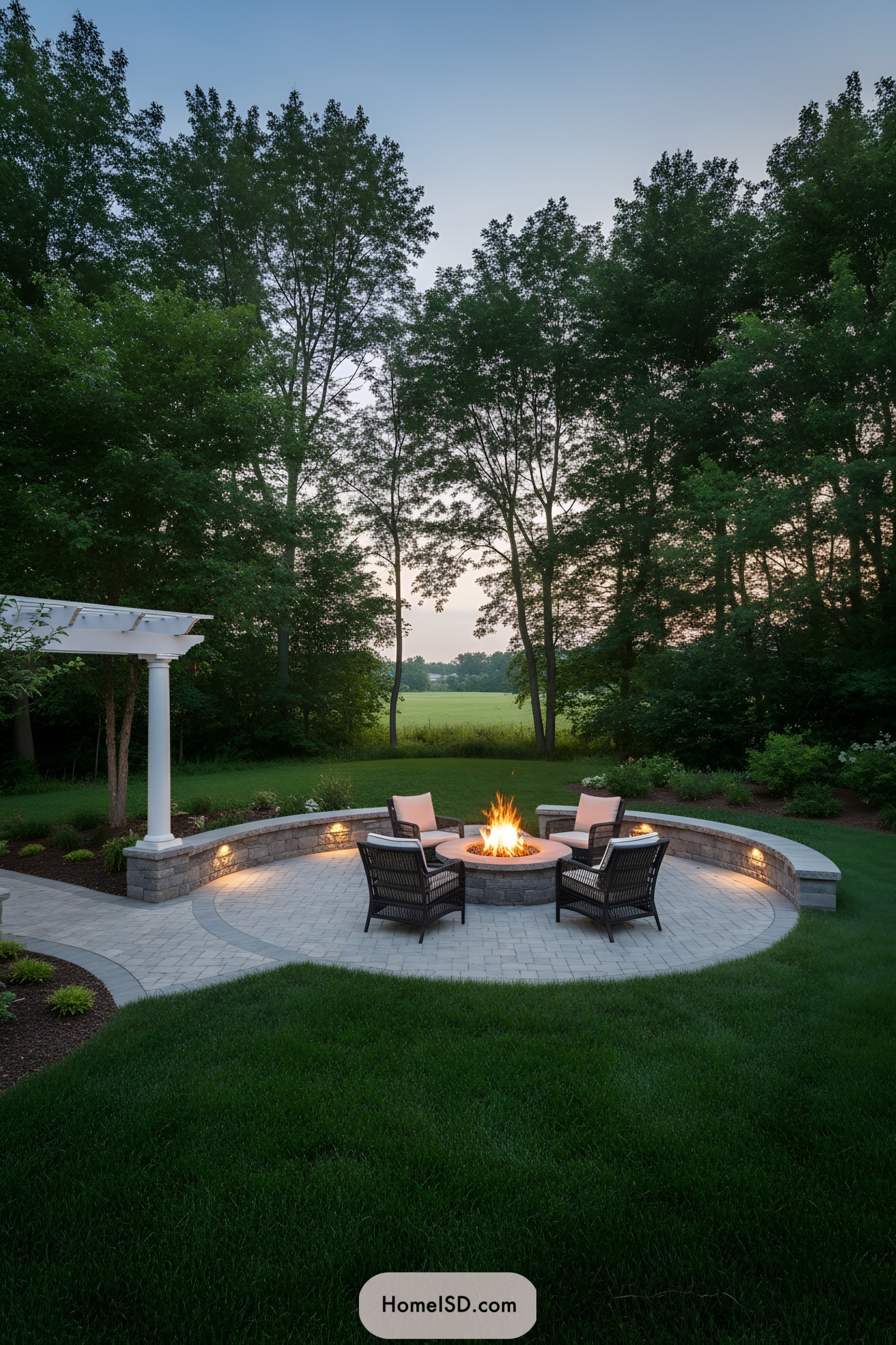 Circular backyard stone patio with central fire pit, curved seating wall, and lounge chairs at dusk