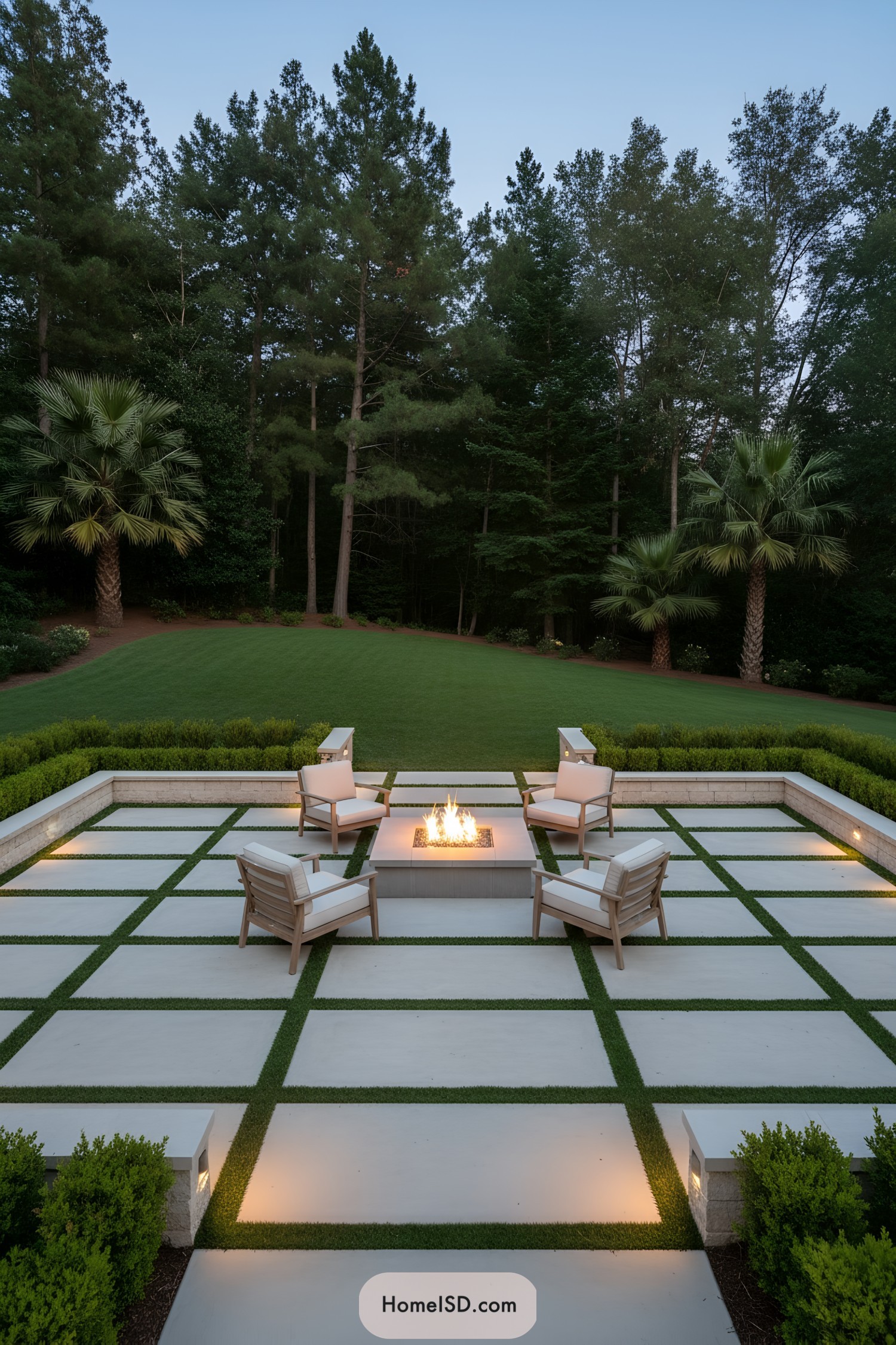 Modern grid patio with central fire pit and lounge chairs at dusk