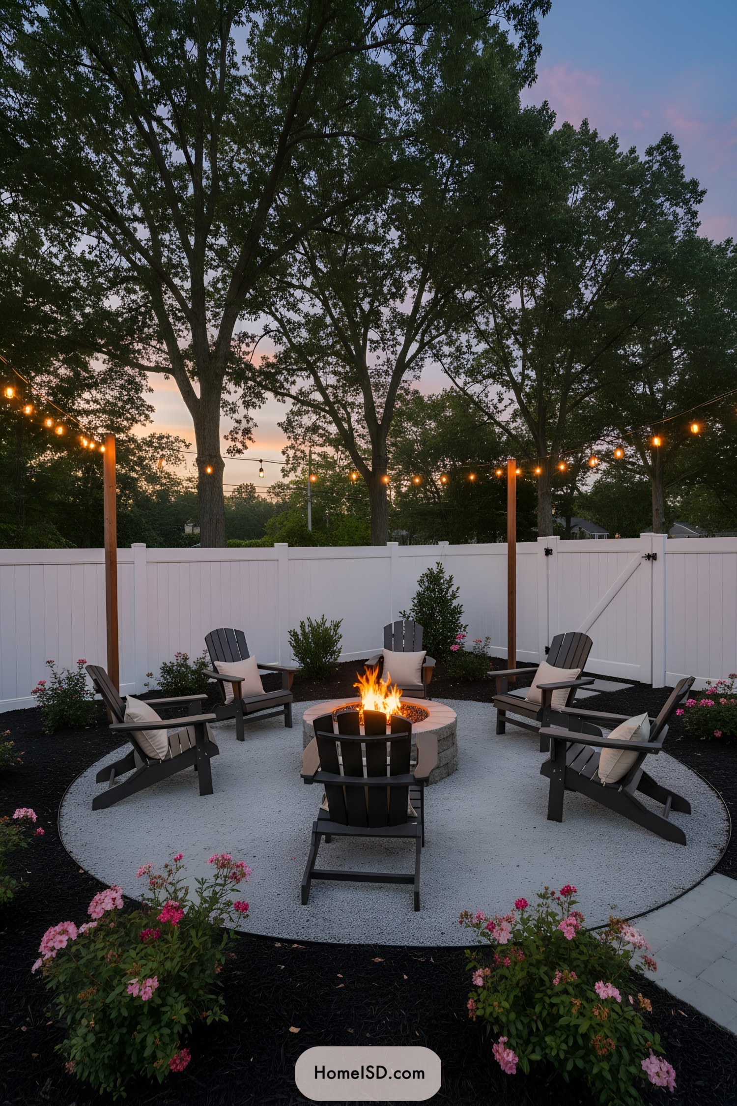 Backyard fire pit with Adirondack chairs and string lights at dusk