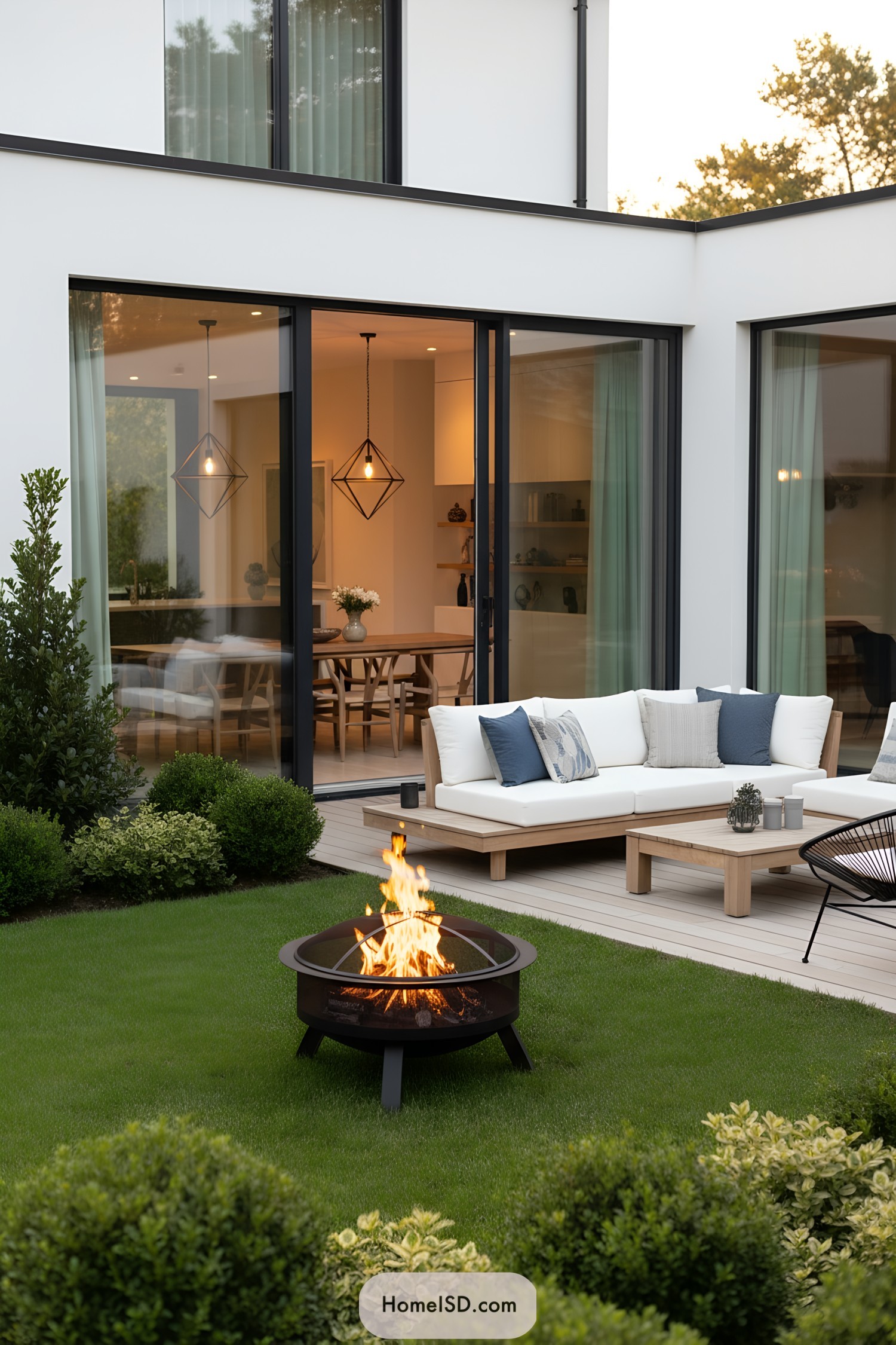 Modern backyard with lawn fire pit and patio seating