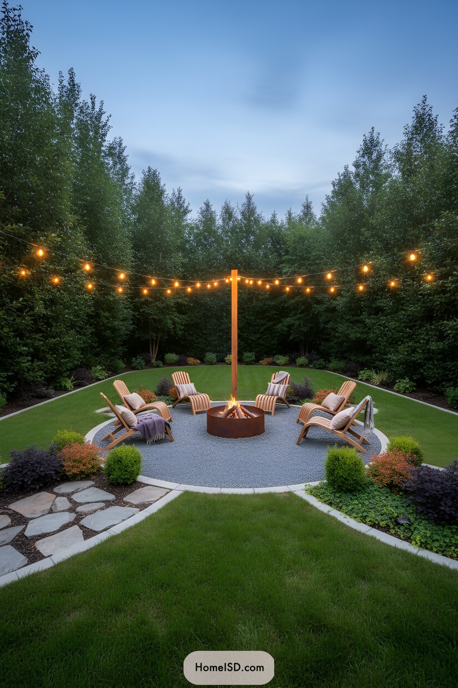 Circular backyard fire pit with lounge chairs under string lights
