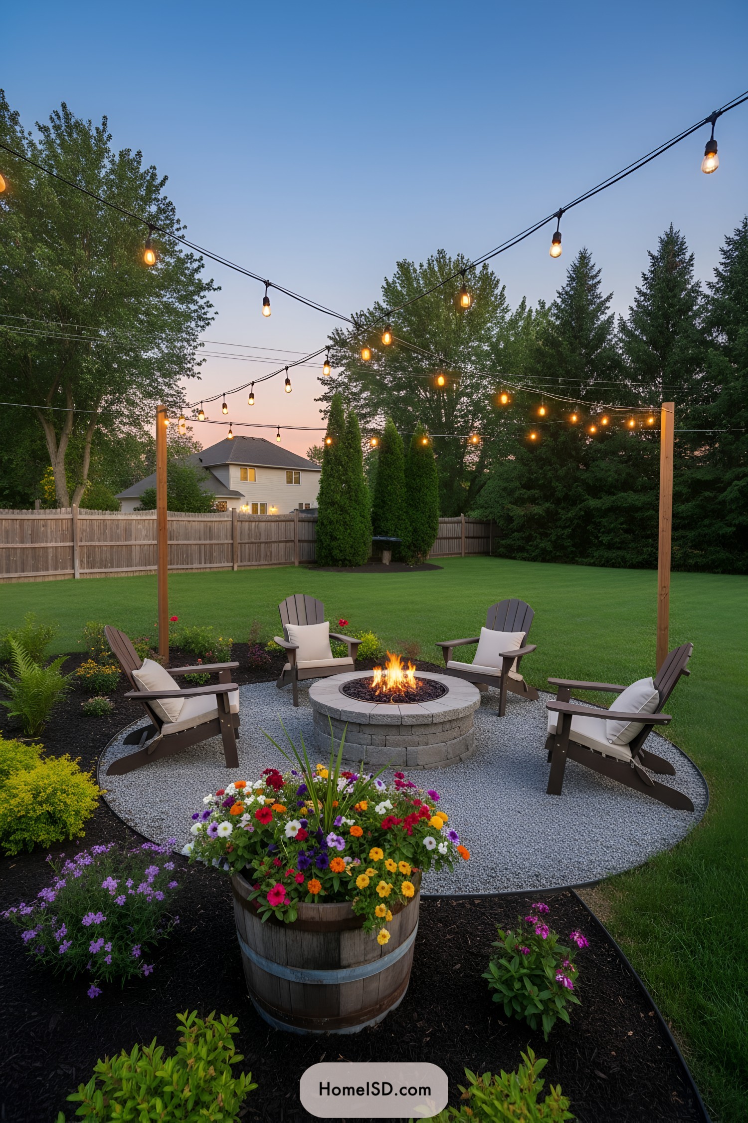 Backyard fire pit with chairs and string lights