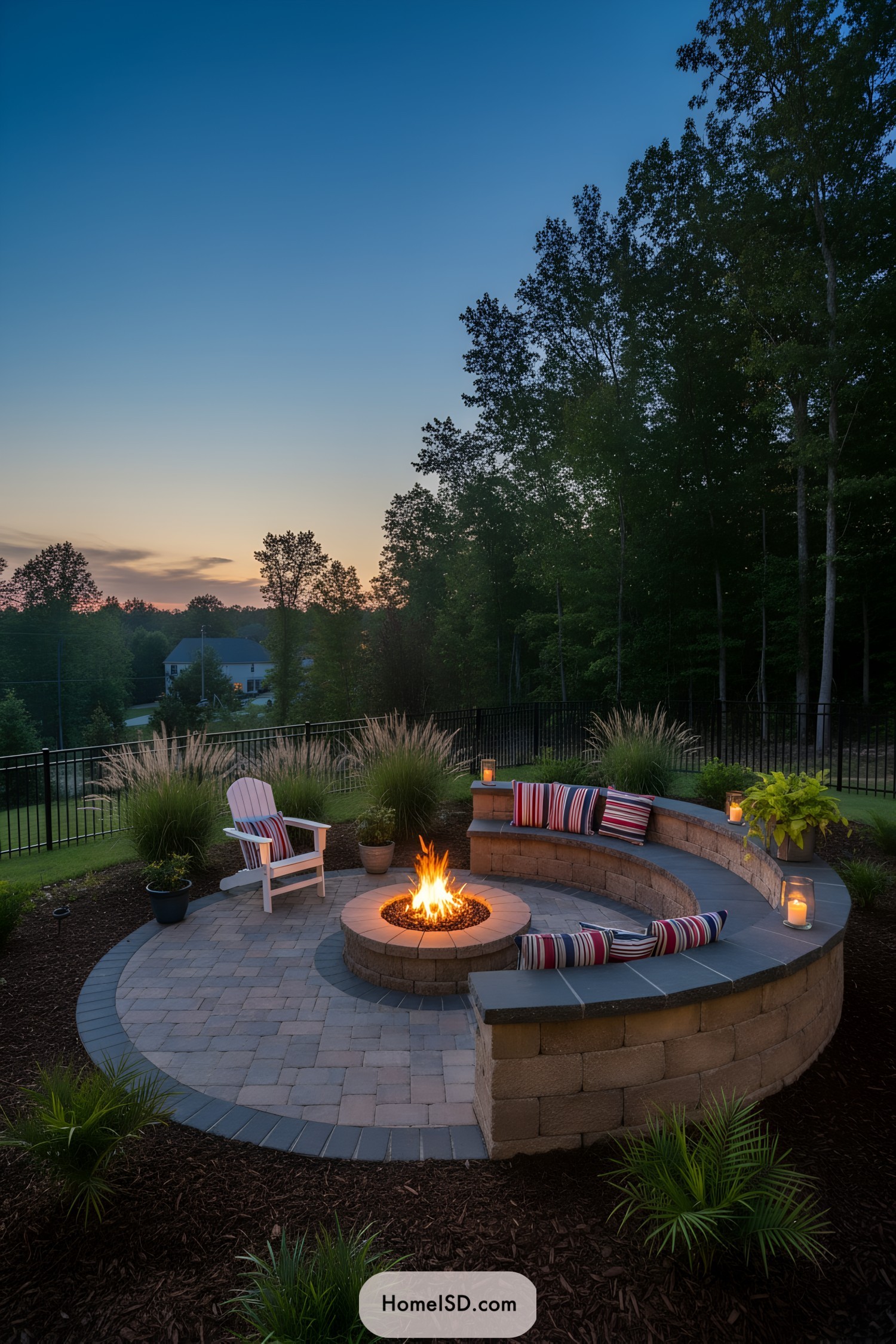 Curved stone patio with circular fire pit at dusk