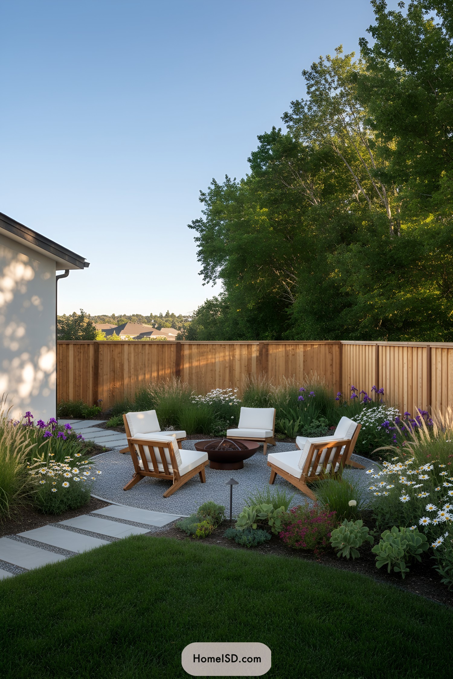 Backyard fire pit with chairs and flowers