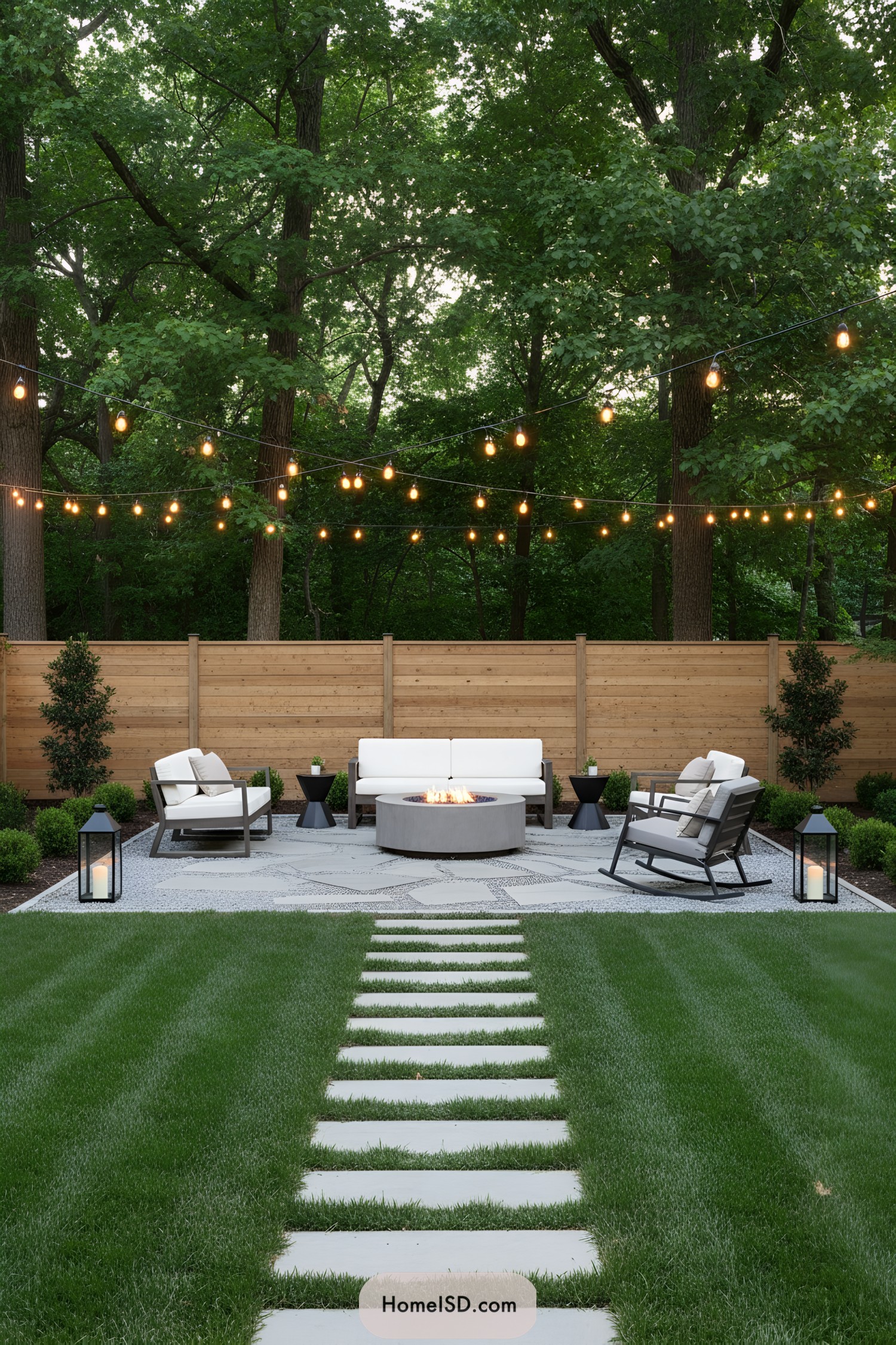 Backyard fire pit lounge with modern seating, pavers, and string lights under tall trees