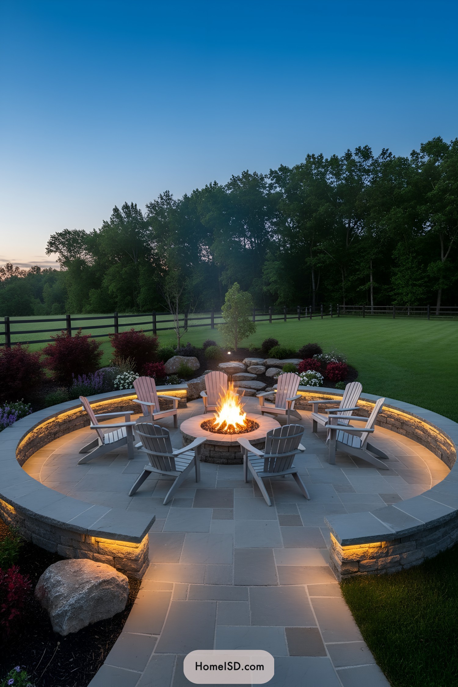 Circular stone patio fire pit with Adirondack chairs at dusk