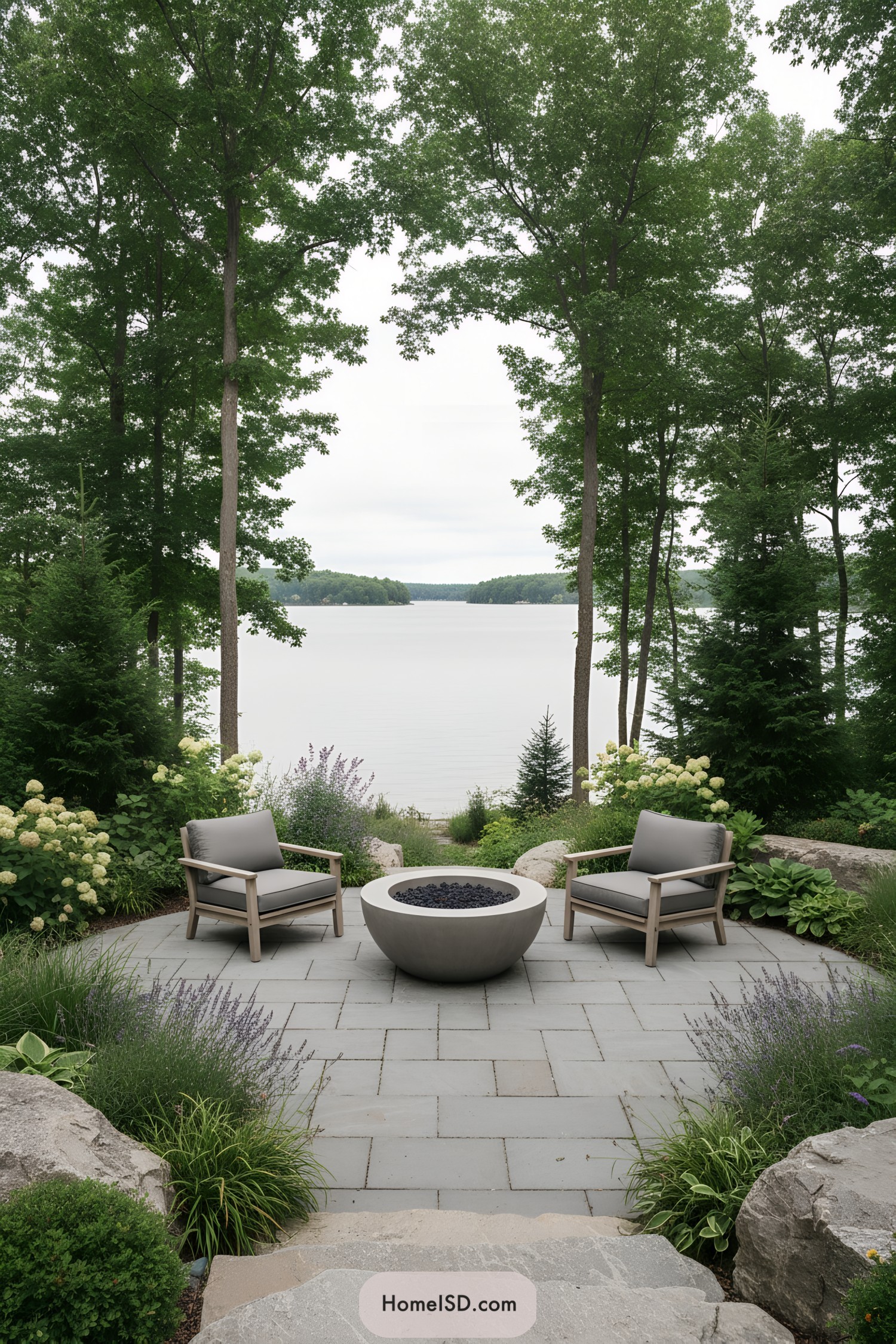 Modern lakeside stone patio with round fire pit and two lounge chairs