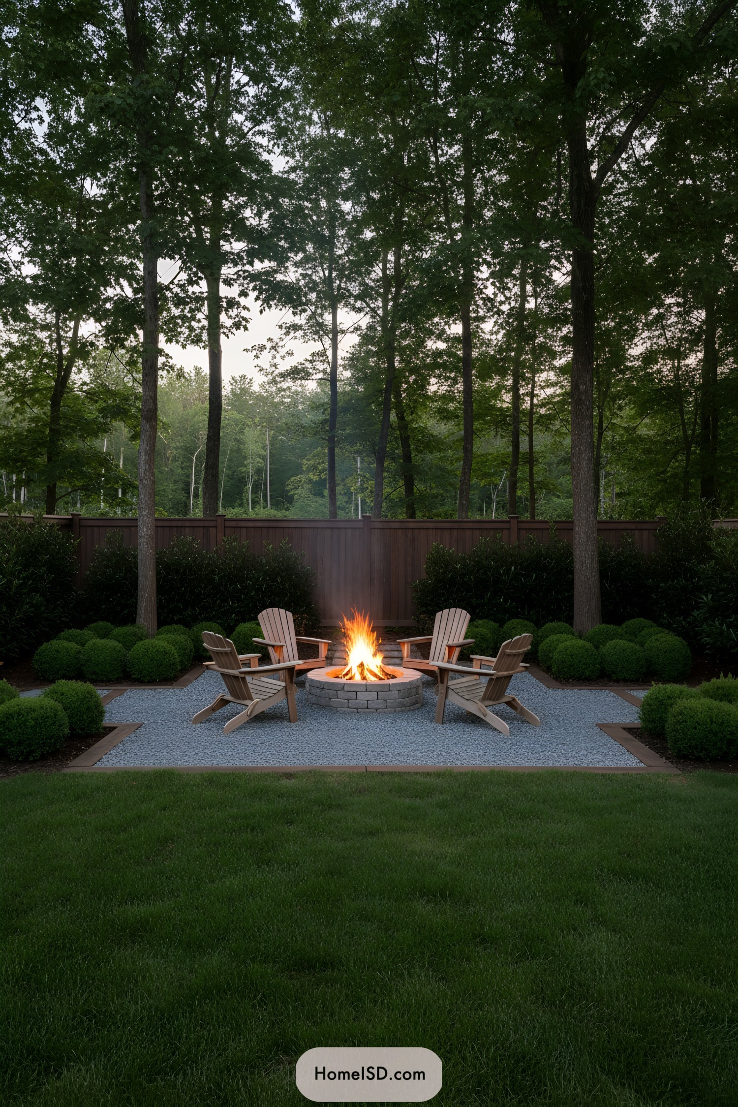 Gravel patio fire pit with wooden chairs