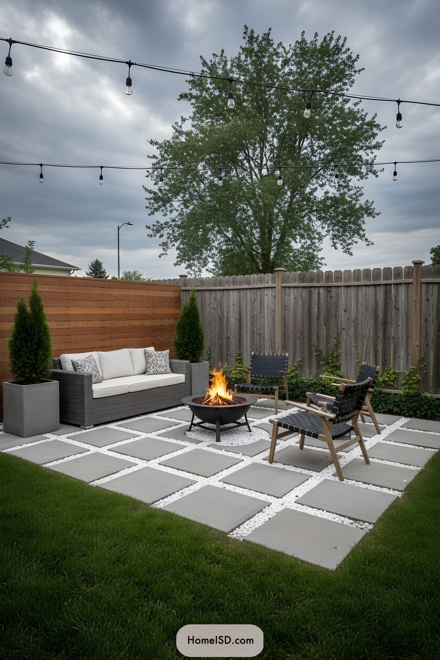 Modern backyard patio with grid pavers, cozy seating, and a metal fire pit under string lights